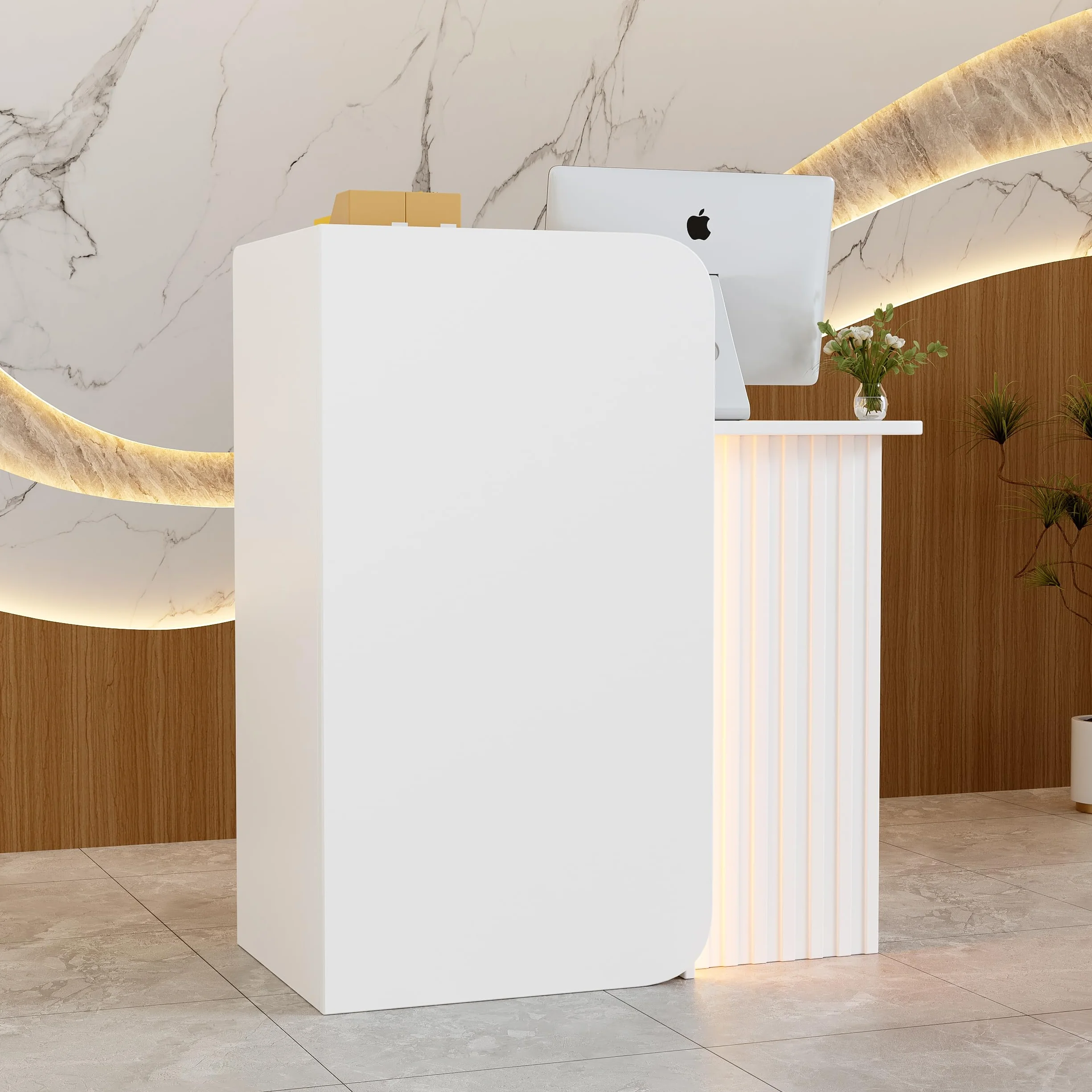 Mostrador de Recepción con iluminación LED Compacto Escritorio Pequeño con Cajón con Cerradura Blanco 44x80x100CM