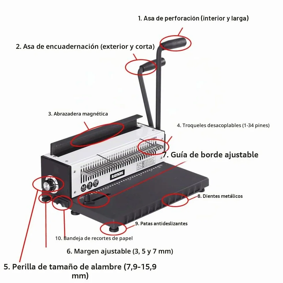 RAYSON TD-1500B34R Encuadernadora metálica de anillas, construcción metálica resistente, capacidad de encuadernación de 130 hojas/15 hojas, separación 3:1, A4, 34 agujeros