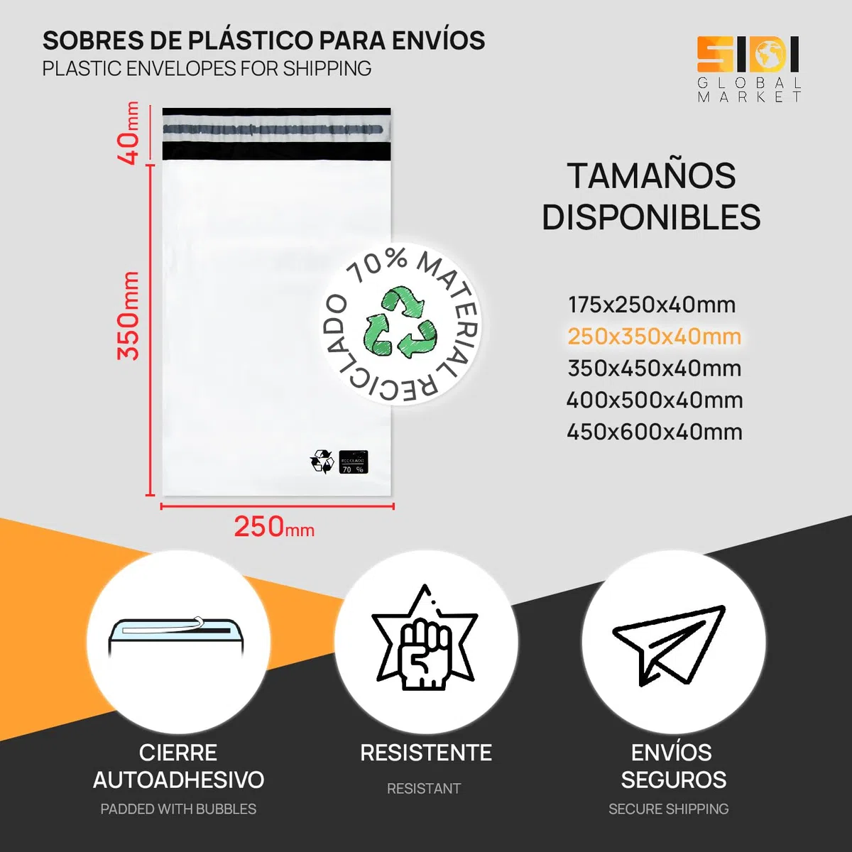Sobres Envio, Bolsas para Envíos, Sobres de Plástico Blanco Resistente para Envíos y Paquetes, Sobres Envios Vinted con Cierre Autoadhesivo Seguro - SIDI (250x350x40mm, 500 uds)