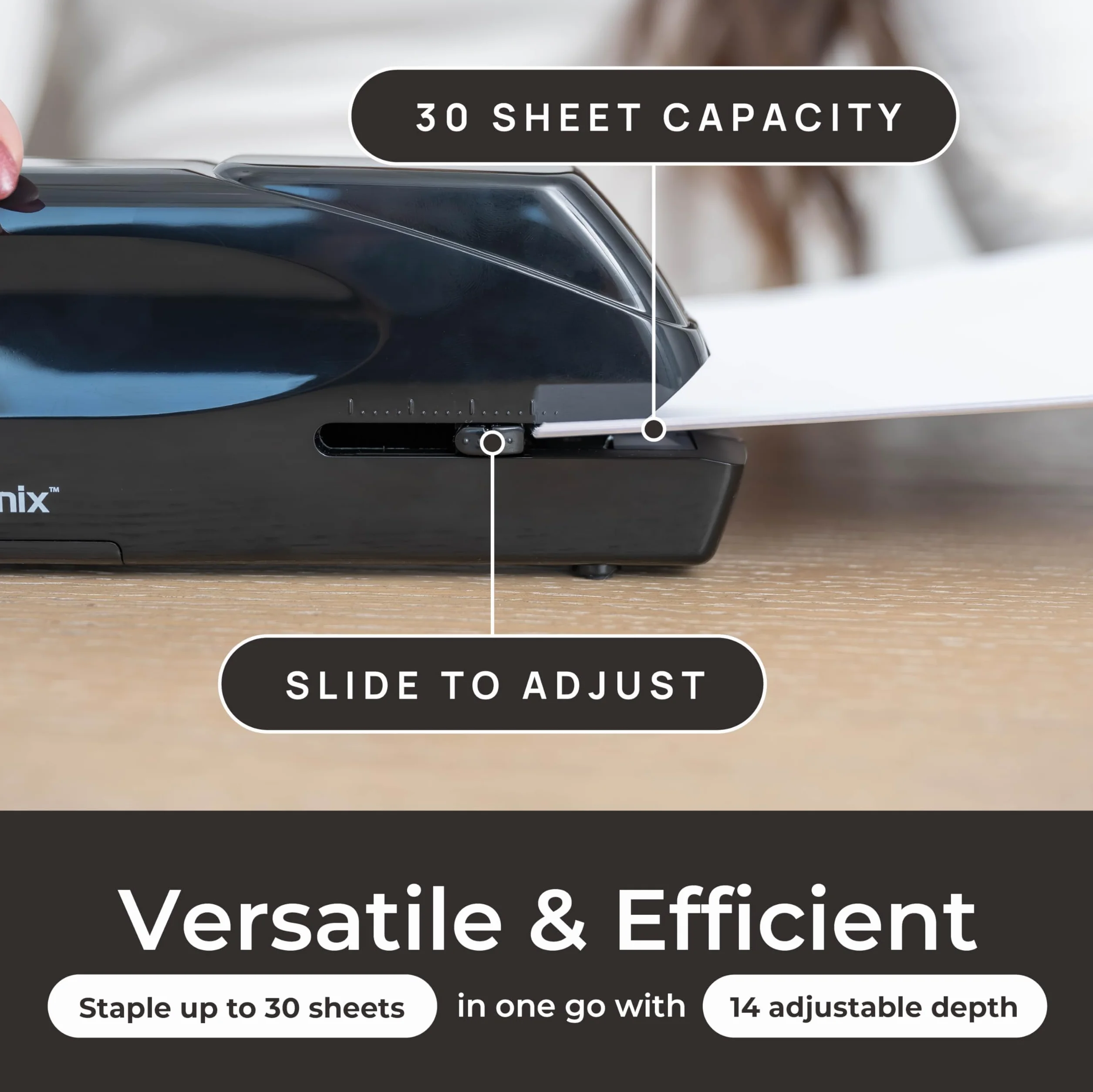 EcoElectronix Grapadora eléctrica automática portátil, capacidad de 30 hojas, funcionamiento silencioso, sin atascos y fácil de recargar - Adaptador de CA/funciona con pilas, (negro)