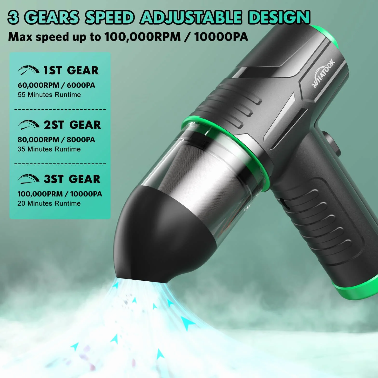 WHATOOK Soplador de Polvo Eléctrico y Aspirador 2 en 1, 100000 RPM,10Kpa, 7600mAh, 3 velocidades, Aire Comprimido Sin Cable con LED para PC, computadora, Sofá, Mascotas,Automóvil，Verde