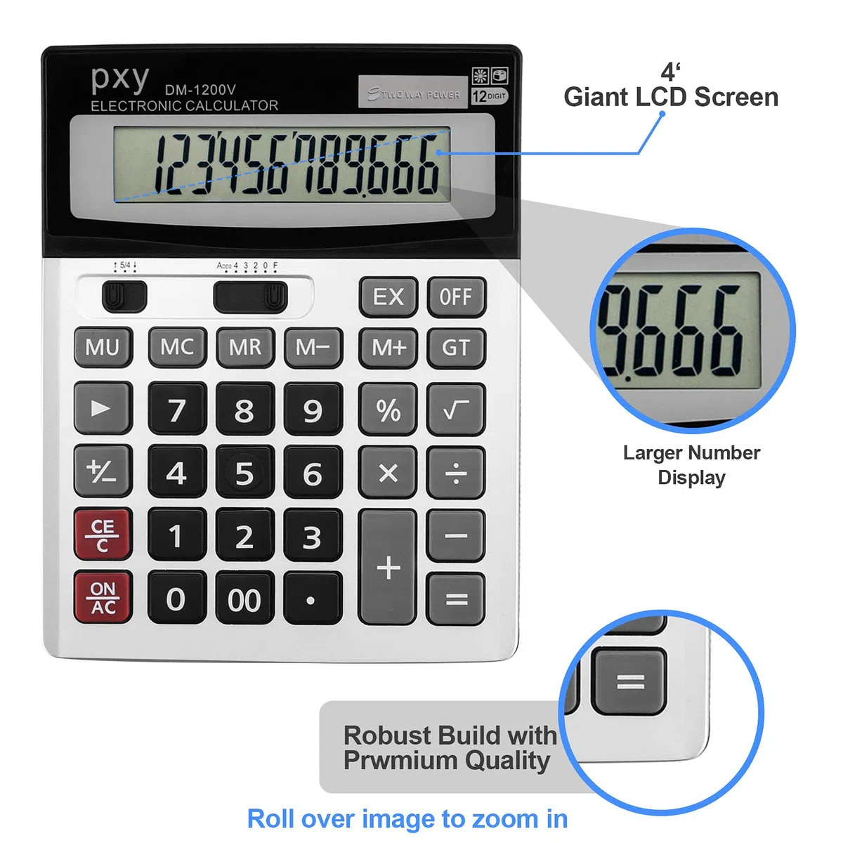 Calculadora de escritorio, batería de dos vías PXY y calculadoras de oficina de función estándar solar, calculadoras de 12 dígitos pantalla grande claramente