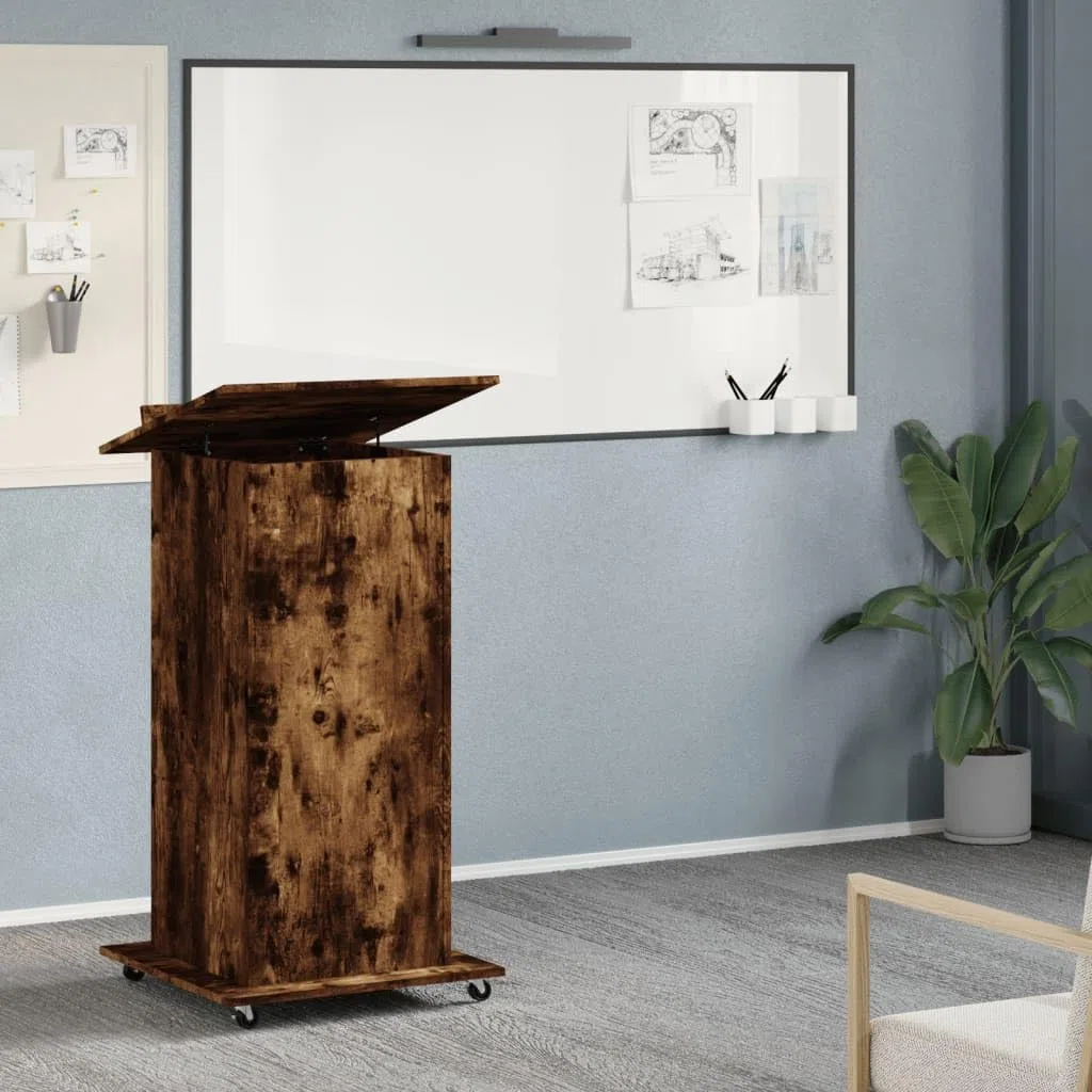 Atril con ruedas y cajón, madera de roble ahumado, 55 x 55 x 107 cm, placa superior inclinable, 2 compartimentos, ruedas con bloqueo, para oficina, estudio, presentaciones