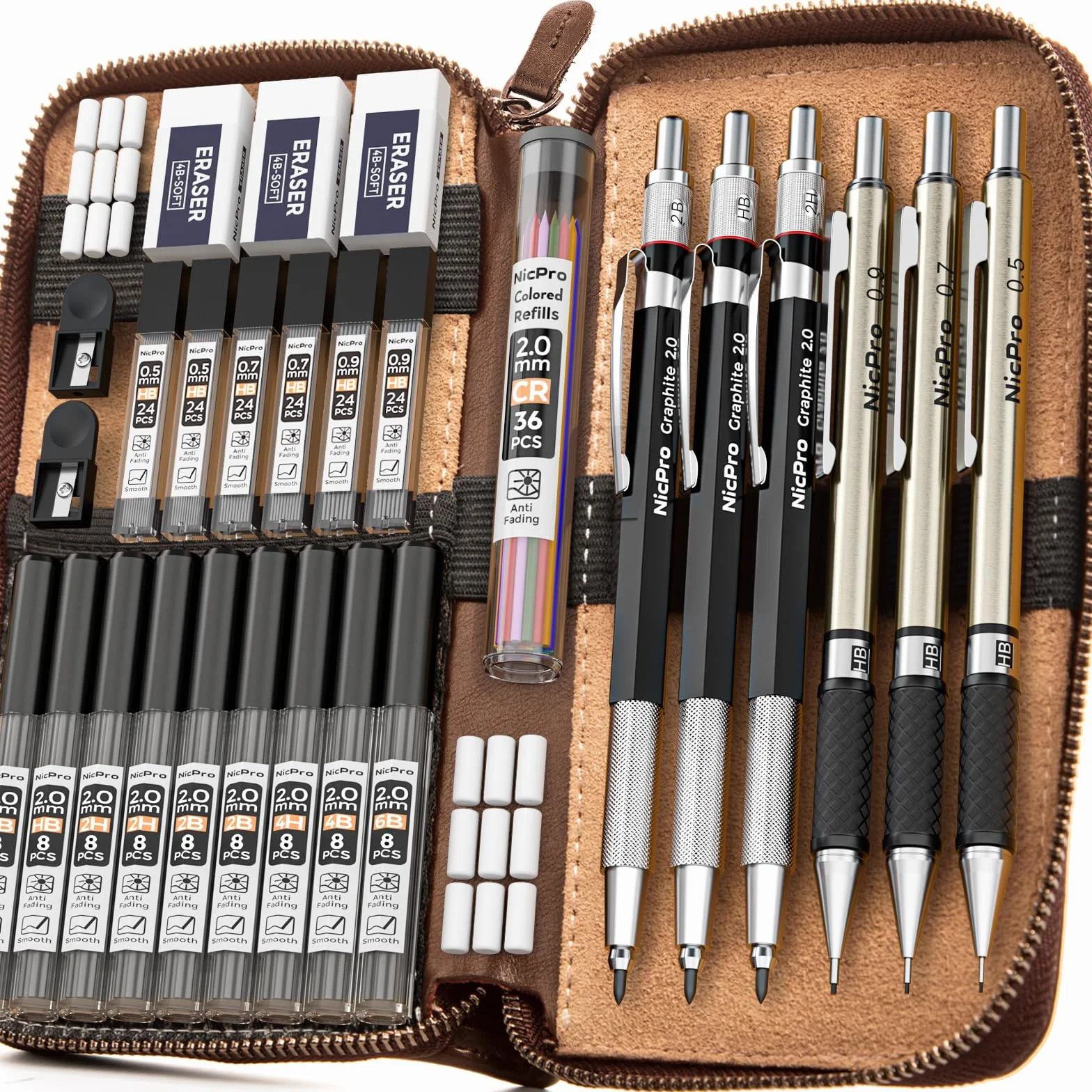 Nicpro 6 Piezas Lápices Mecánicos arte en Estuche Cuero, 0,5mm 0,7mm 0,9mm y 3 piezas 2 mm Portaminas con Recarga minas de Lápiz 16 Tubos (Negro 6B 4B 2B HB 2H 4H y Colores Minas)