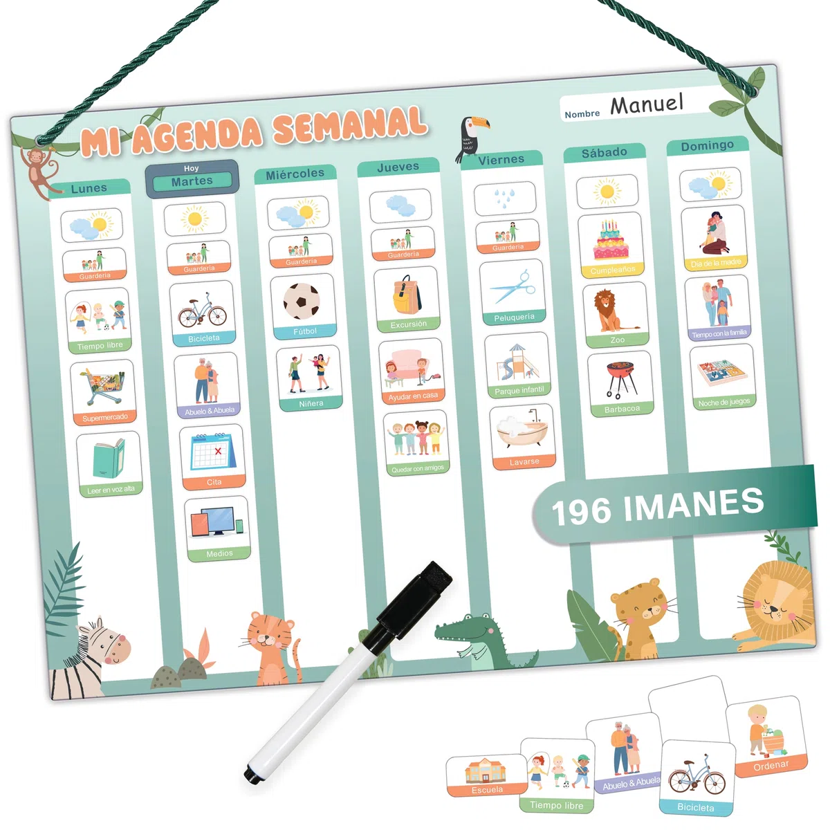 Planificador semanal para niños - Pizarra magnética Montessori con un bonito diseño que incluye 196 imanes y un bolígrafo - Juegos educativos a partir de 3 años - Calendario infantil