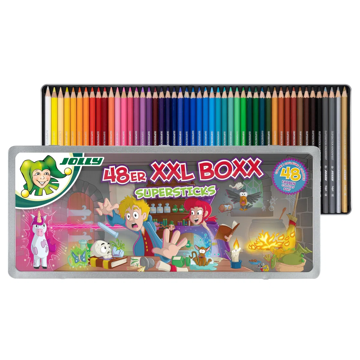 JOLLY, 48 unidades XXL Boxx Magic, estuche de metal con imagen oscilante, 48 lápices de colores de madera de tilo, irrompibles y no tóxicos, colores ricos y brillantes, incluye regla, fabricado en