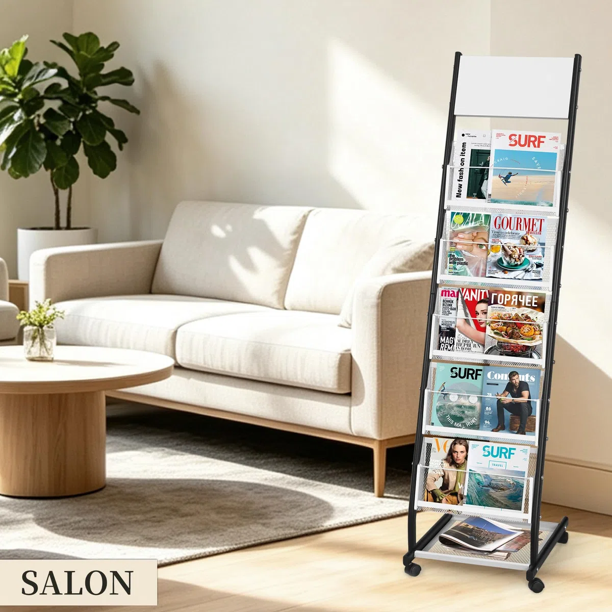 SUNDOY Revistero sobre ruedas de 5 niveles, exhibición de revistas y catálogos de pie, soporte móvil para oficina, ferias, hogar y hogar (5 capas, 32,5 cm de ancho)