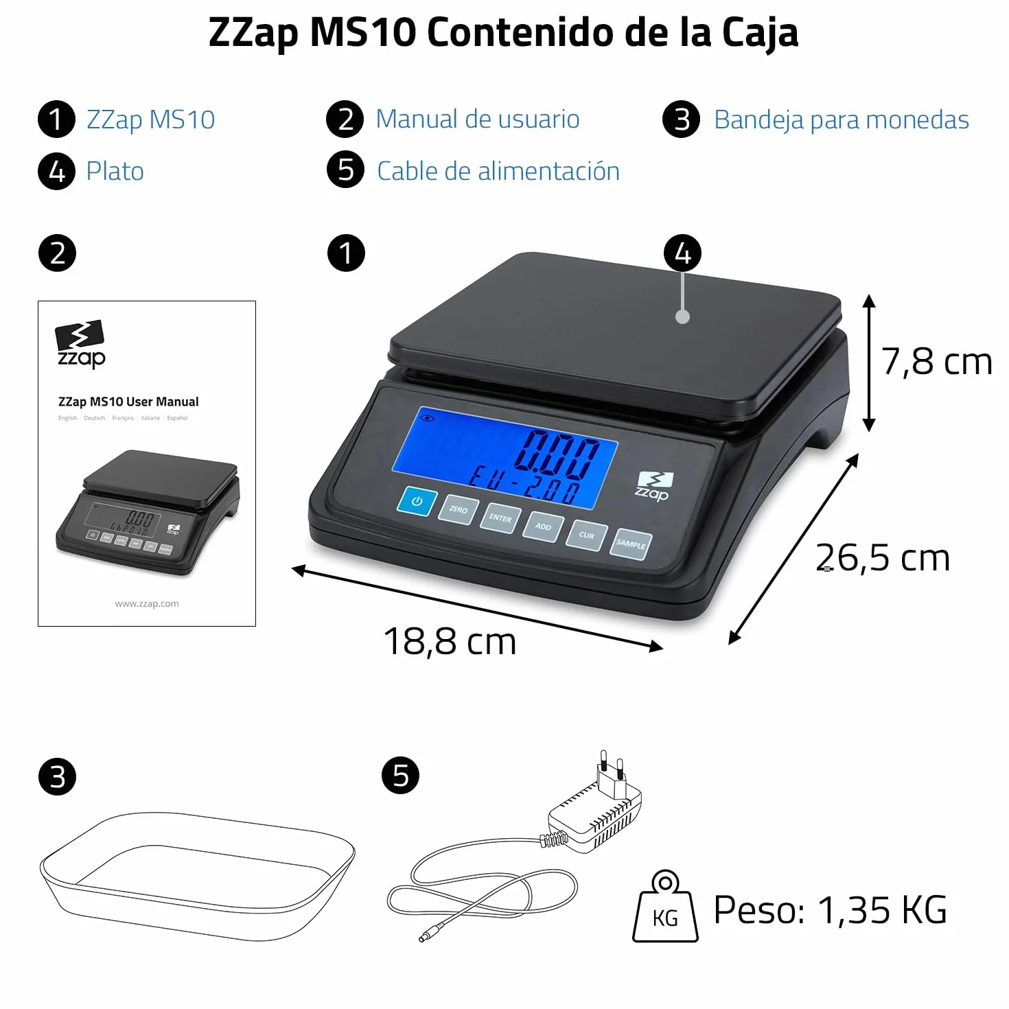 ZZap MS10 Báscula contadora de monedas 5 divisas 3 kg pantalla retroiluminada batería