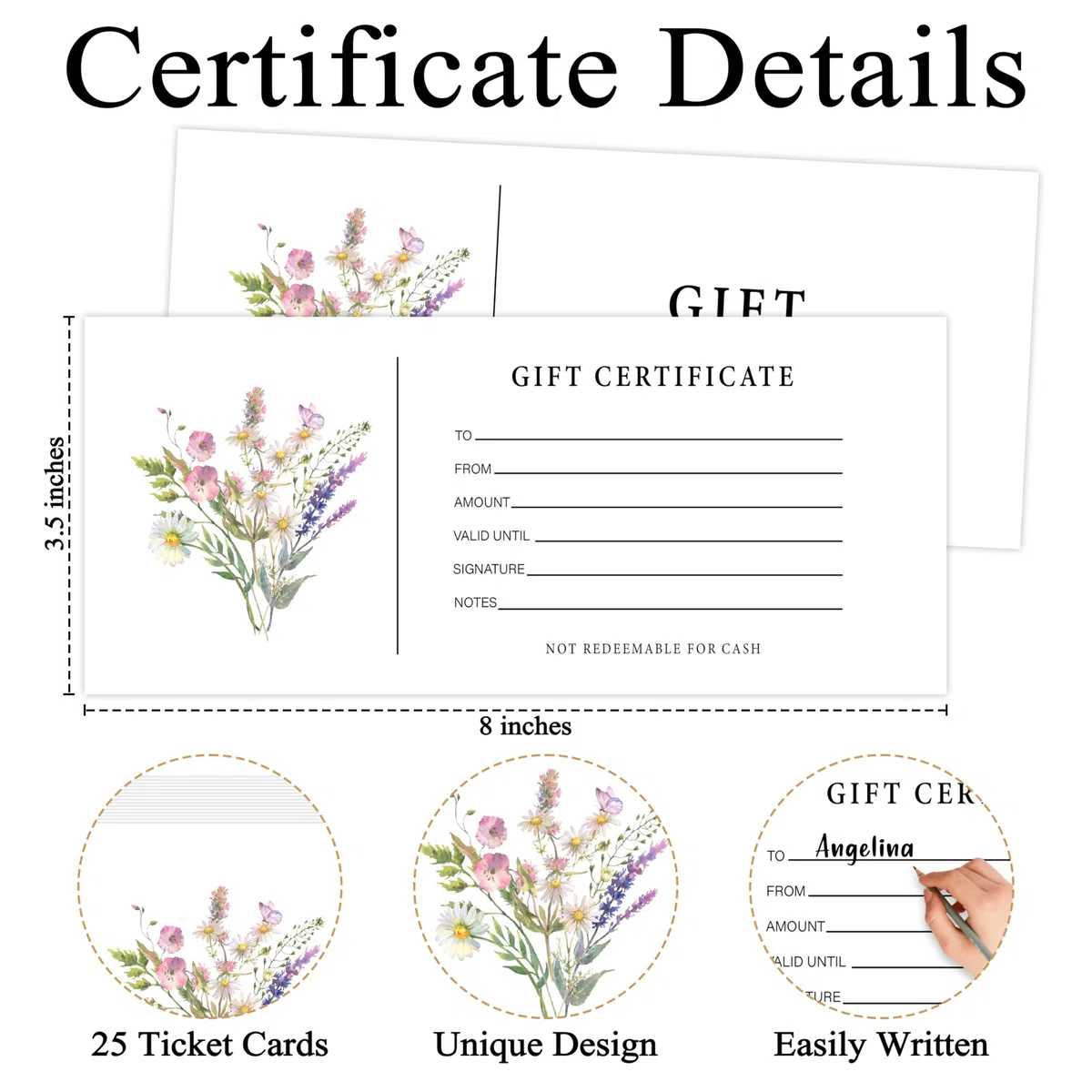 Juego de 25 certificados de regalo para negocios, tarjetas de regalo florales en blanco con sobres, regalos para salones, restaurantes, spa, cumpleaños, matrimonio, clientes -07