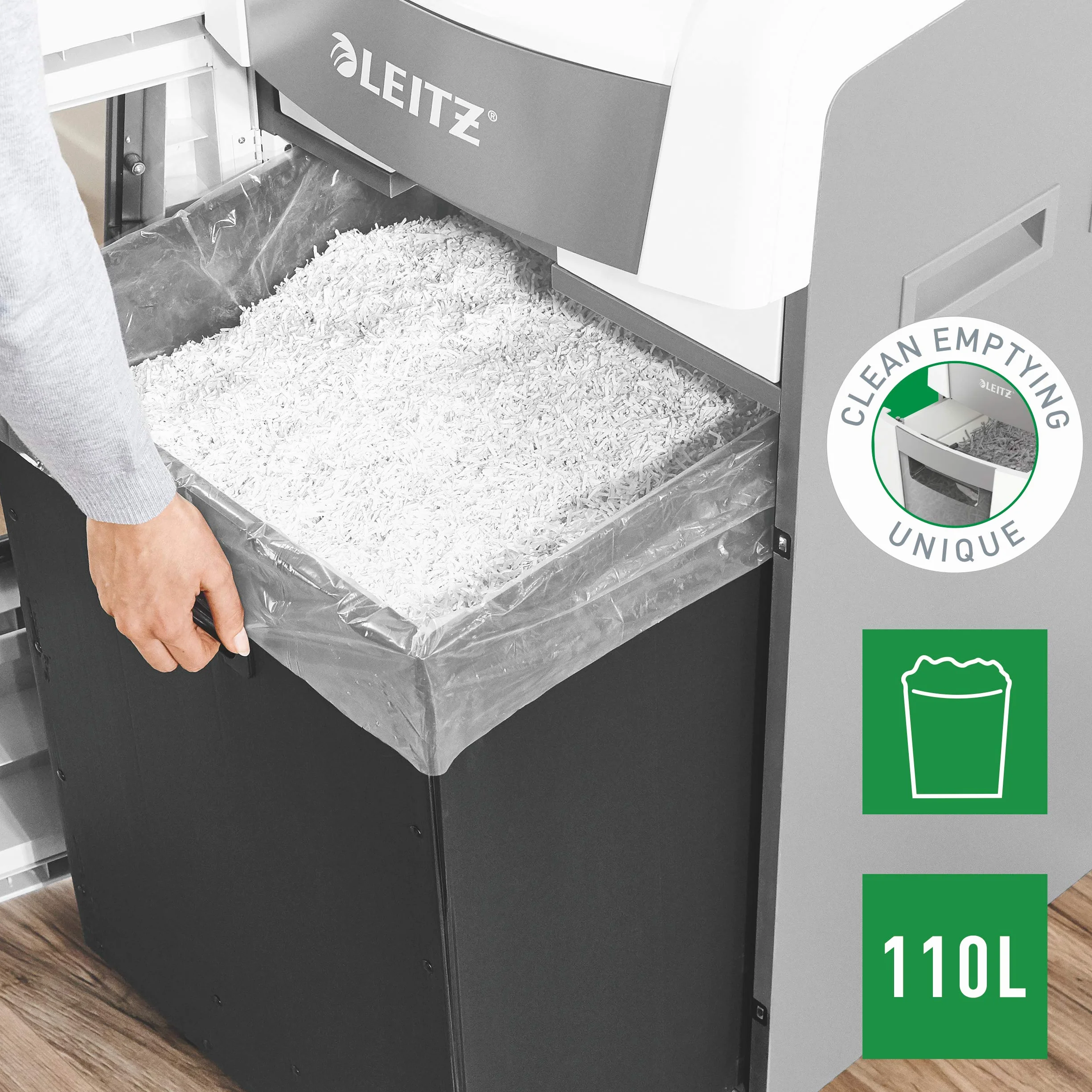 Leitz 80170000 – Destructora Automática IQ 600 Pro Autofeed P4, Autoalimentación 600 Hojas, Corte Partículas 4x28 Mm, Funcionamiento 240 Mins, Papelera 110L Con Puerta, Control Táctil Con Bloqueo PIN