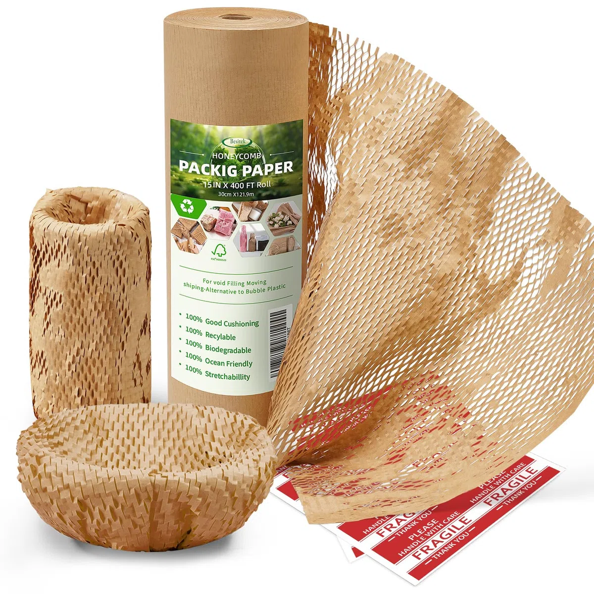 Papel de embalaje de panal, 15 x 400 pies, alternativa sostenible a la amortiguación de burbujas, papel de embalaje para mudanzas, envíos, embalaje, rollo con 20 calcomanías frágiles, biodegradables y