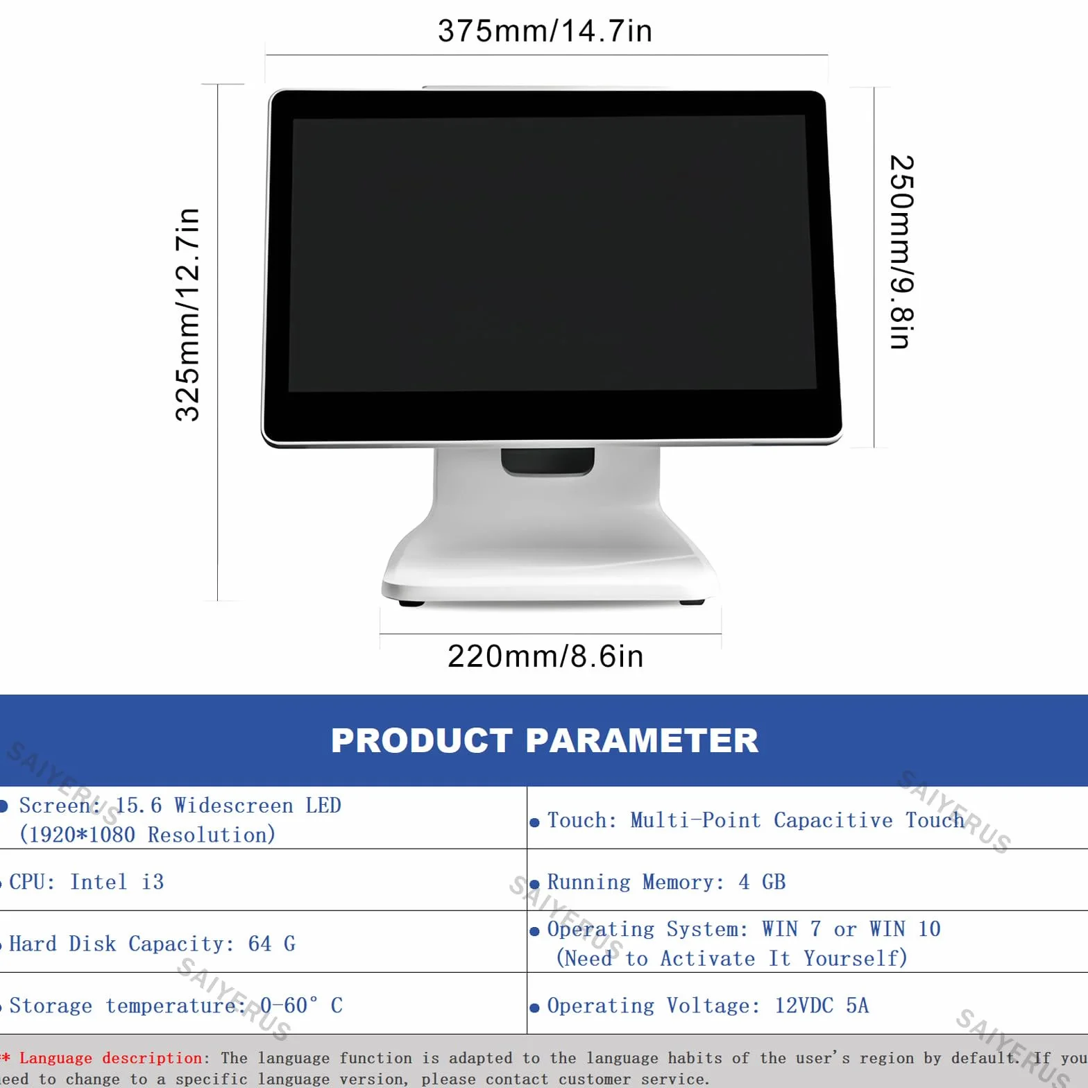Sistemas TPV CPU-i3, Caja Registradora para Comercio Minorista, Pantalla Táctil de 15 Pulgadas (1920x1080), 4 GB de Ram, Ssd de 64 GB, Módulo WiFi para Negocios, Restaurantes y Supermercado