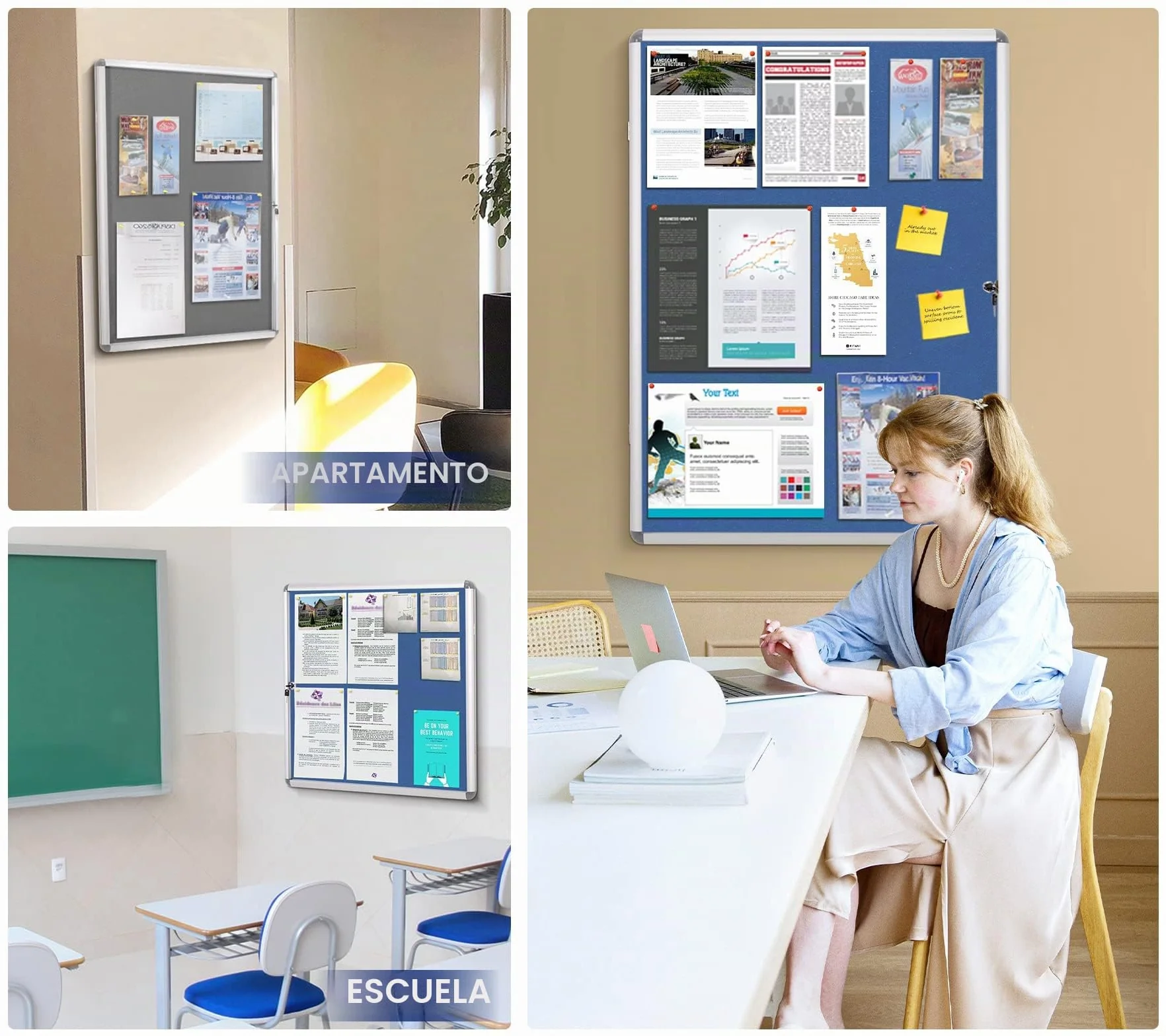 Swansea Tablón de anuncios de tela Vitrina de pared cerrada con marco de aluminio 67x50cm(4xA4)