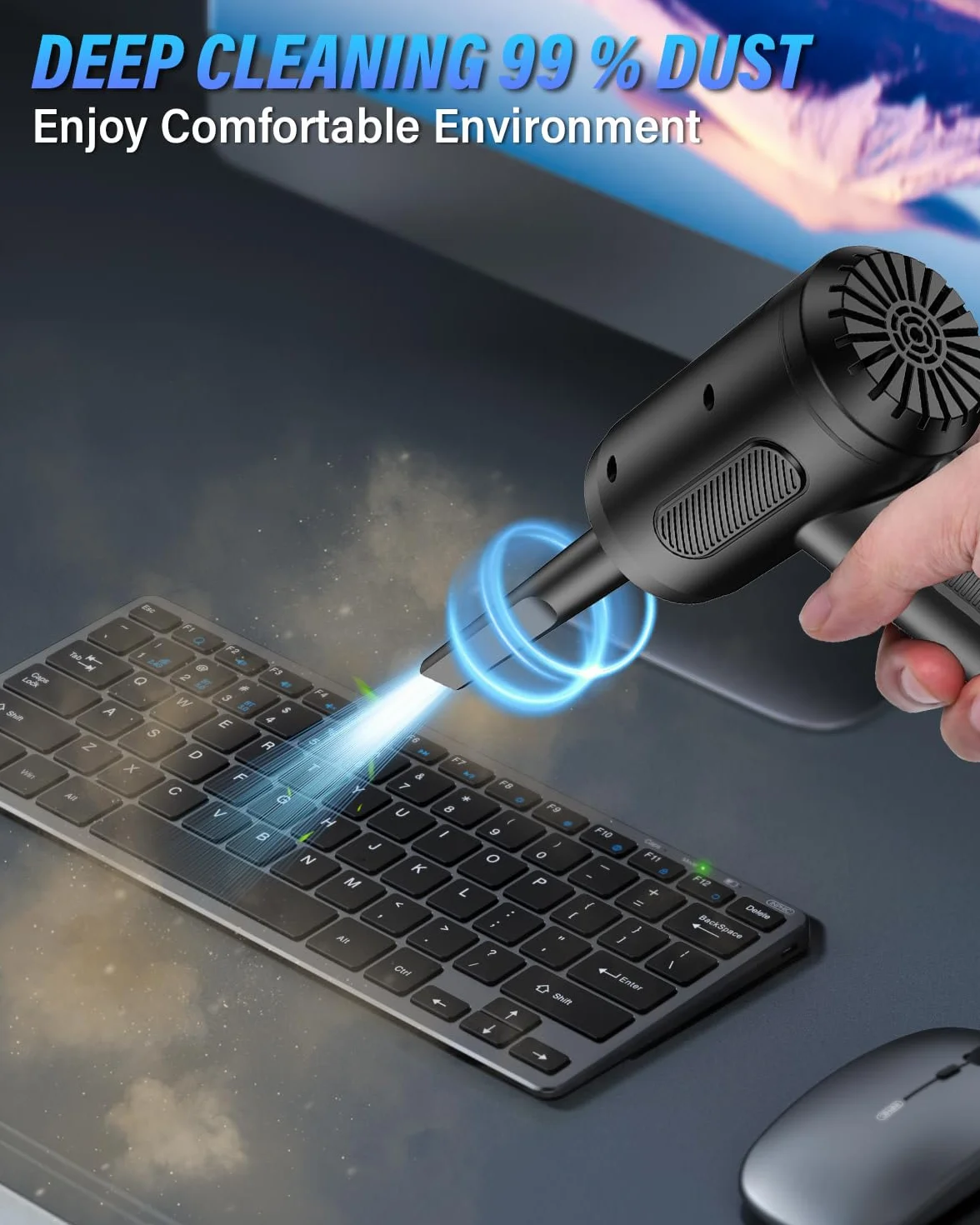 Soplador de Aire para pc, 3 Velocidades 91000 U/min Aire Comprimido Limpieza pc Air Duster, Plumero Electrico USB Recargable con batería de 6000mah para computadora portátil, Teclado, automóvil