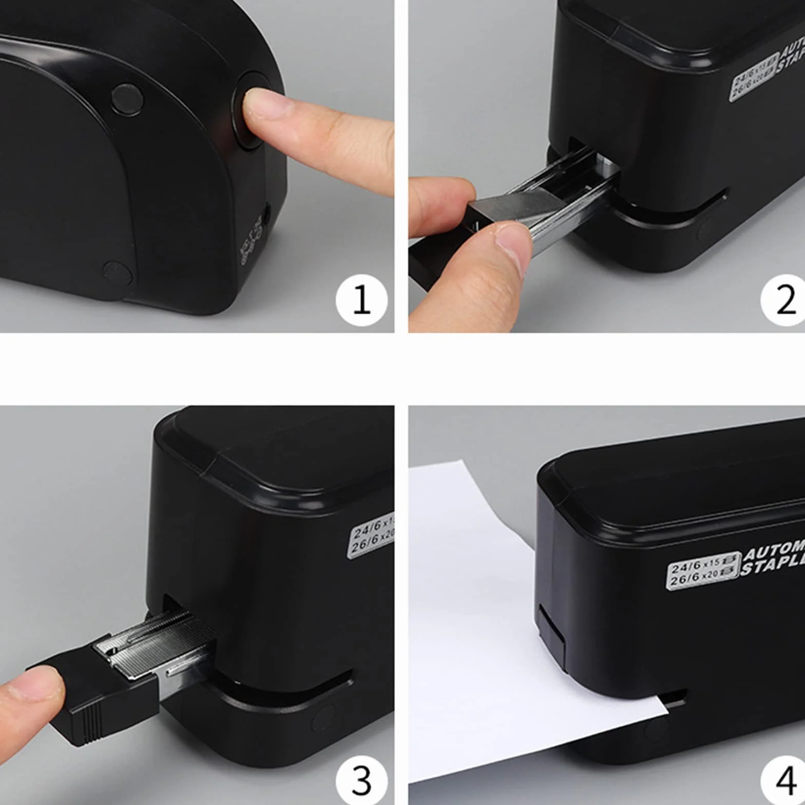 Engrapadora eléctrica automática de papel con capacidad de 20 hojas, uso de grapas 26/6 o 24/6, funciona con pilas o adaptador de CA para oficina, escuela, hogar, color negro