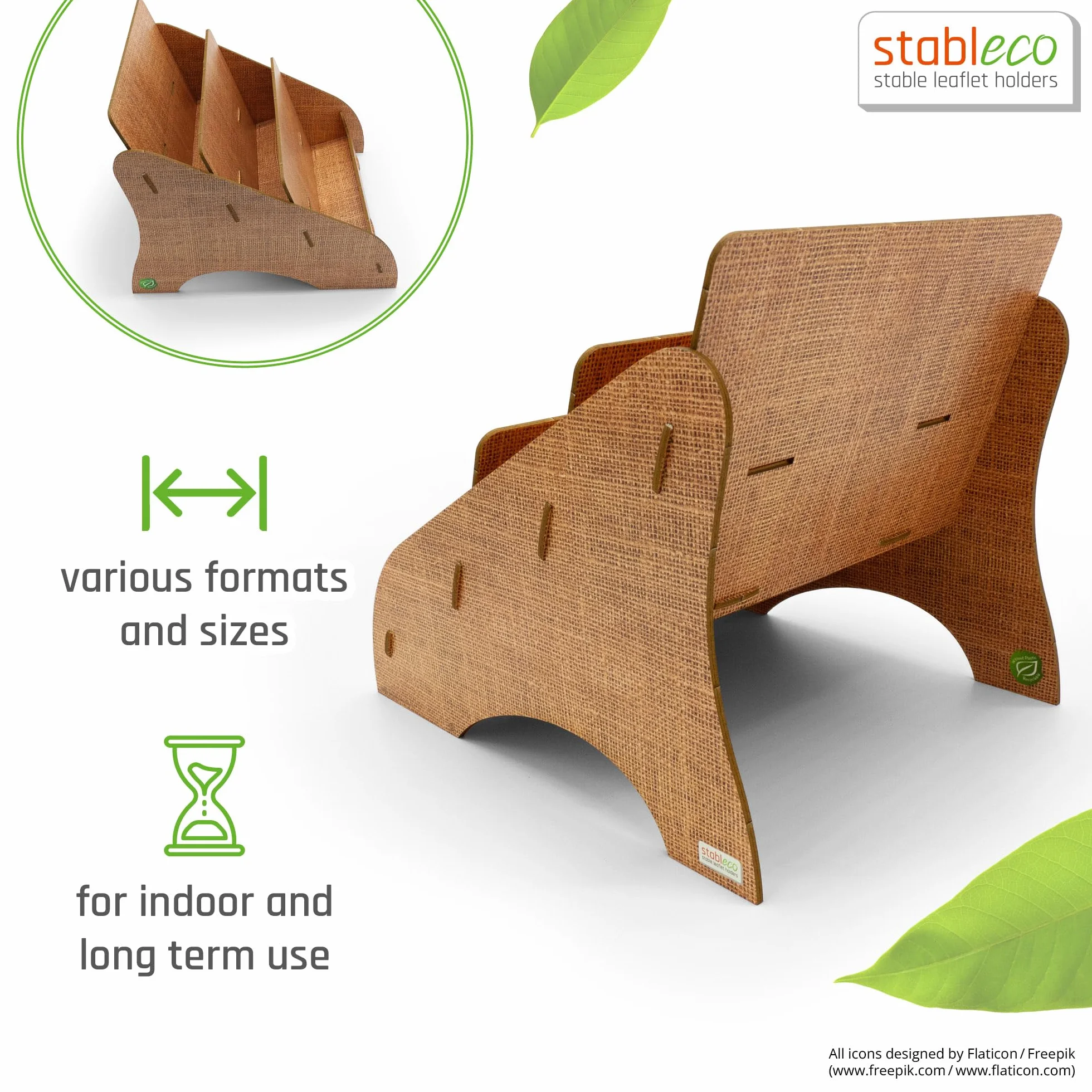 Soporte para folletos ecológico DIN A5 horizontal 3 compartimentos diseño natural