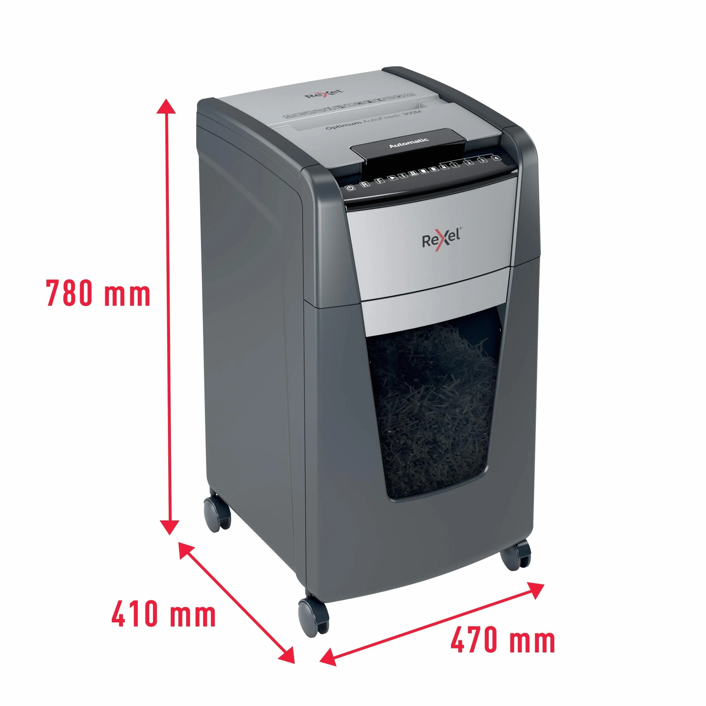 Rexel 2020300MEU - Destructora de Papel Automática Optimum AutoFeed 300M, Microcorte P-5 (2x15 mm), 300 Hojas A4, Papelera Extraíble 60L, Destruye Grapas y Clips, Uso en Oficina, Hasta 10 Usuarios