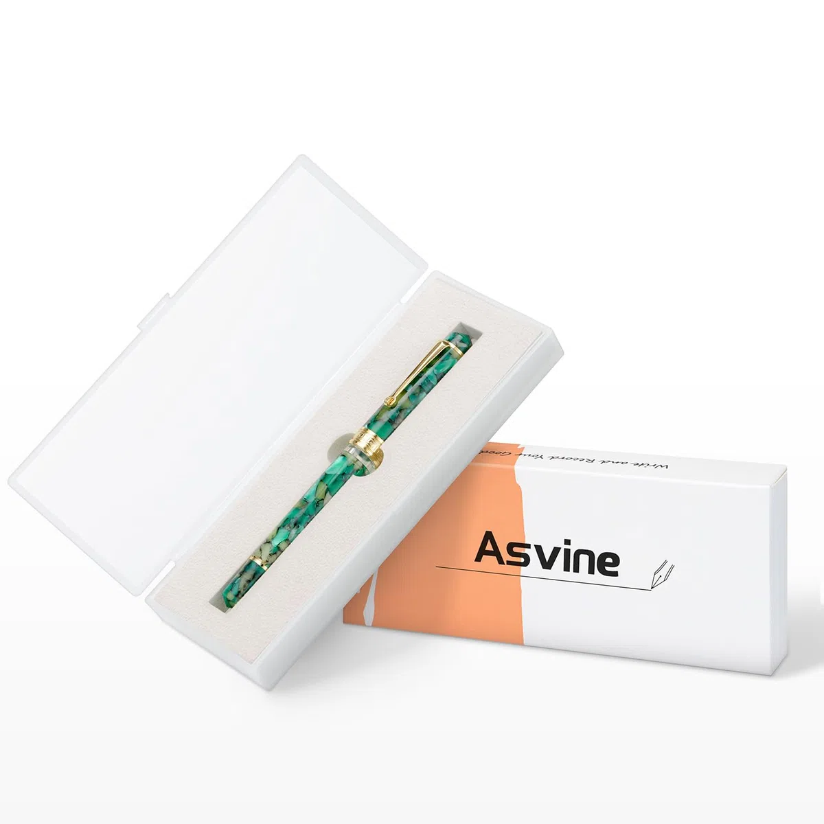 Asvine P20 Piston Pluma estilográfica de punta extrafina, mármol verde, acrílico y borde dorado, colección de escritores suaves con juego de estuche