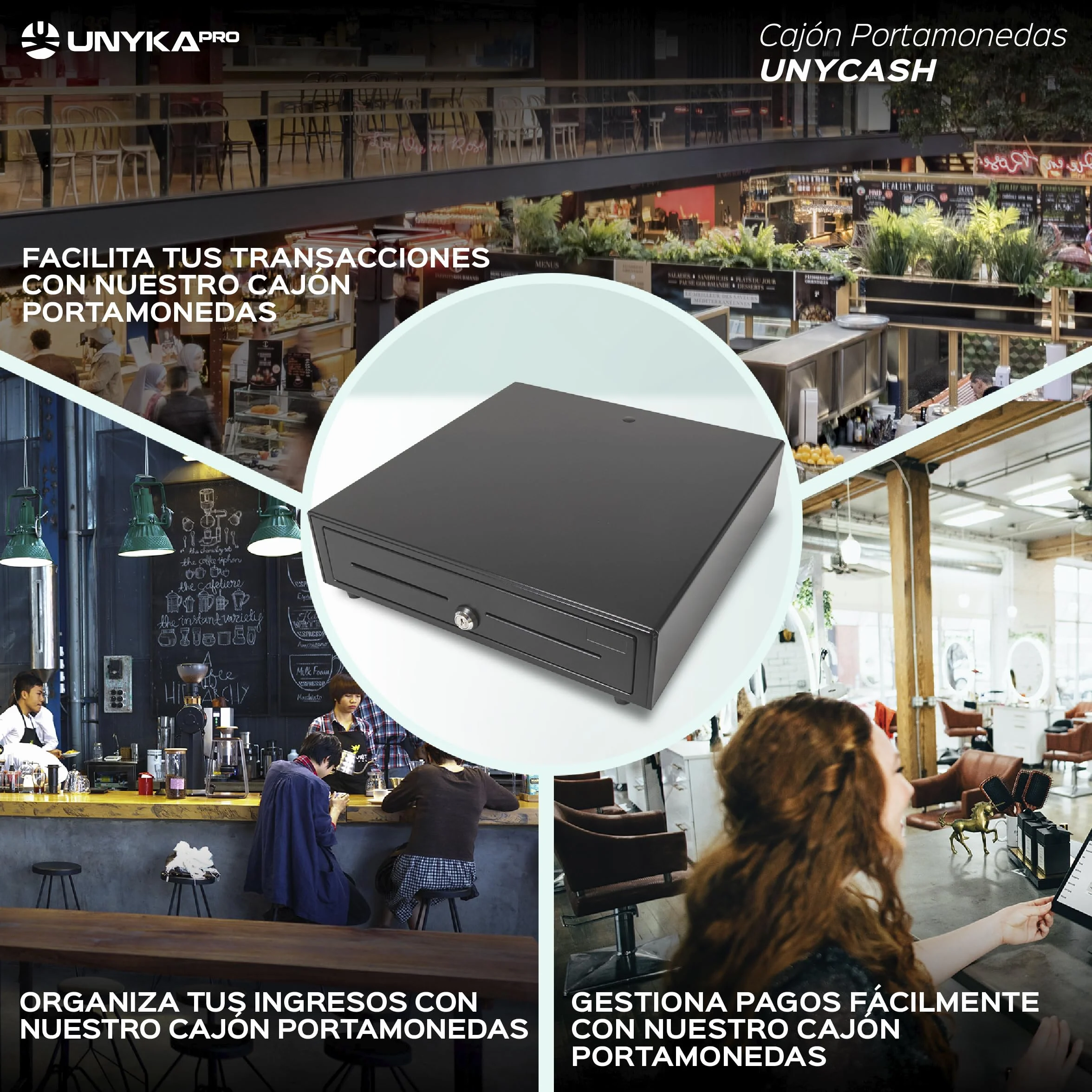 UNYKAch Cajón Portamonedas UNYCASH 56001 Estructura Metálica 41x41cm 4 Compartimentos para Billetes y 8 para Monedas Apertura Automática RJ11 Manual con Llave Compatible con Sistemas POS