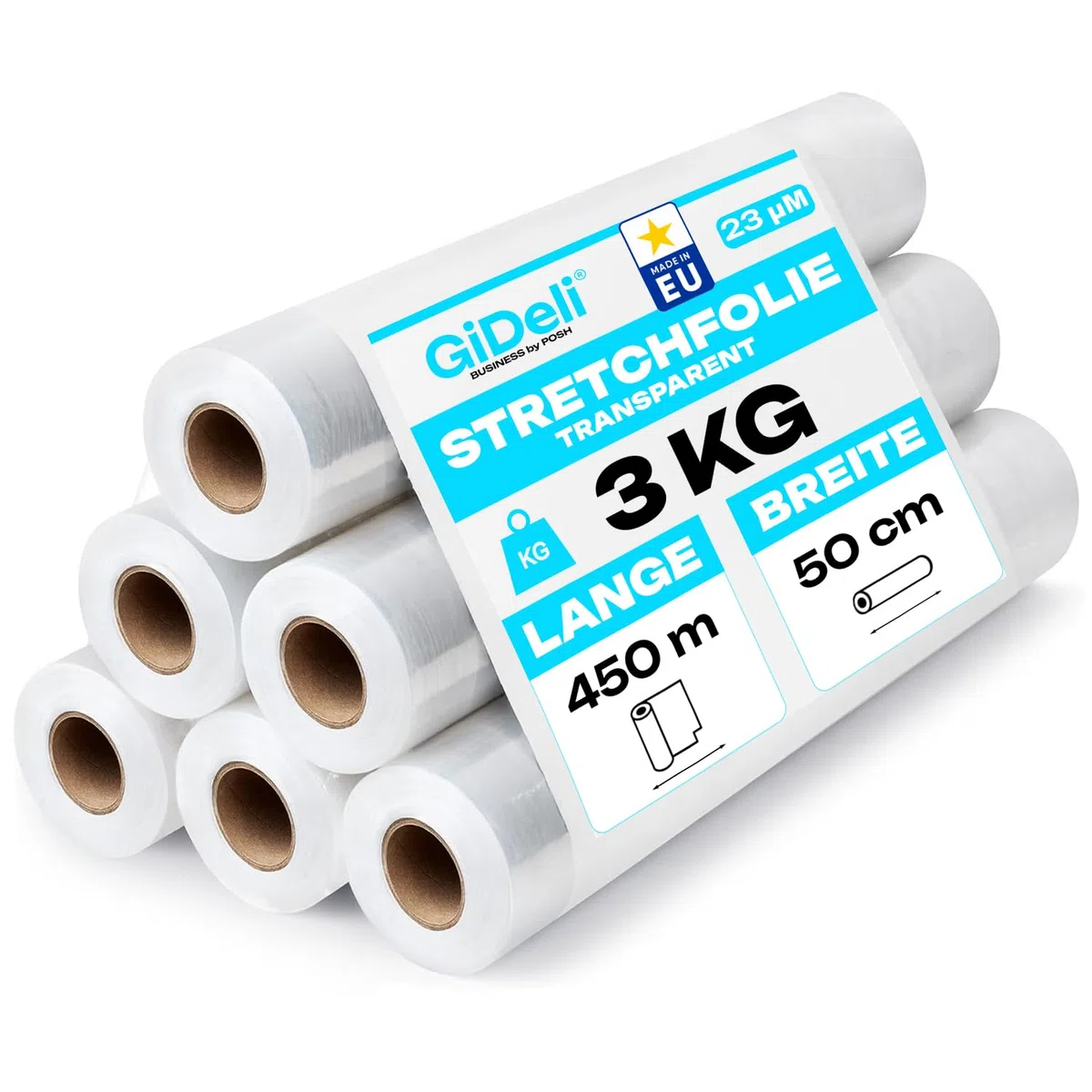 GiDeli Rollo de lámina elástica transparente – 6 x film envolvente – 450 m / 50 cm material de embalaje – lámina de embalaje en rollos – lámina para muebles – películas para mudanzas
