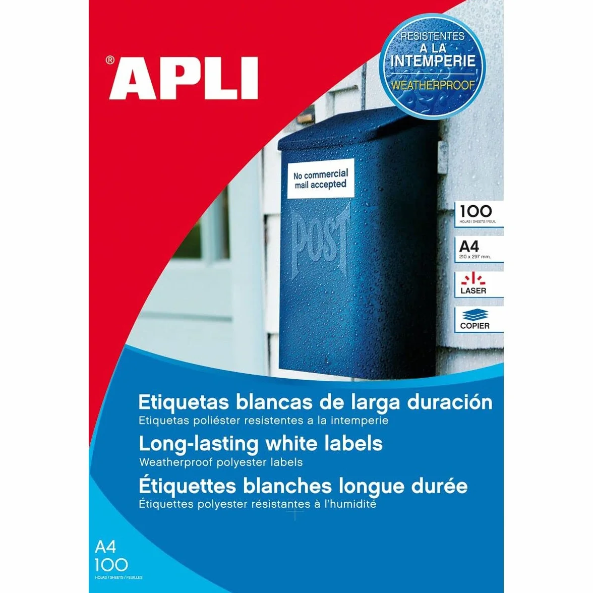 APLI 12121 - Etiquetas resistentes intemperie 210,0 x 297,0 mm 100 hojas, Blanco