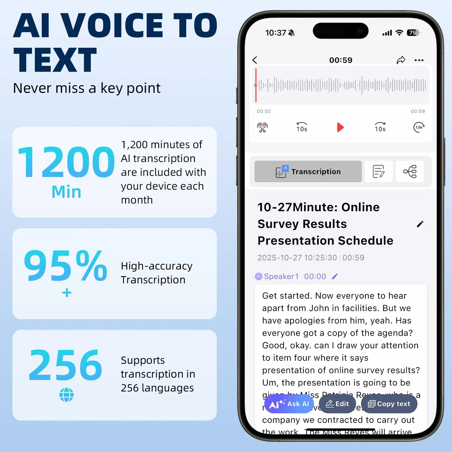 Registrador de Voz AI - Registrador de Voz Profesional Portátil, Transcribe y Resume con Tecnología AI, Compatible con 256 Idiomas, Control de Aplicación