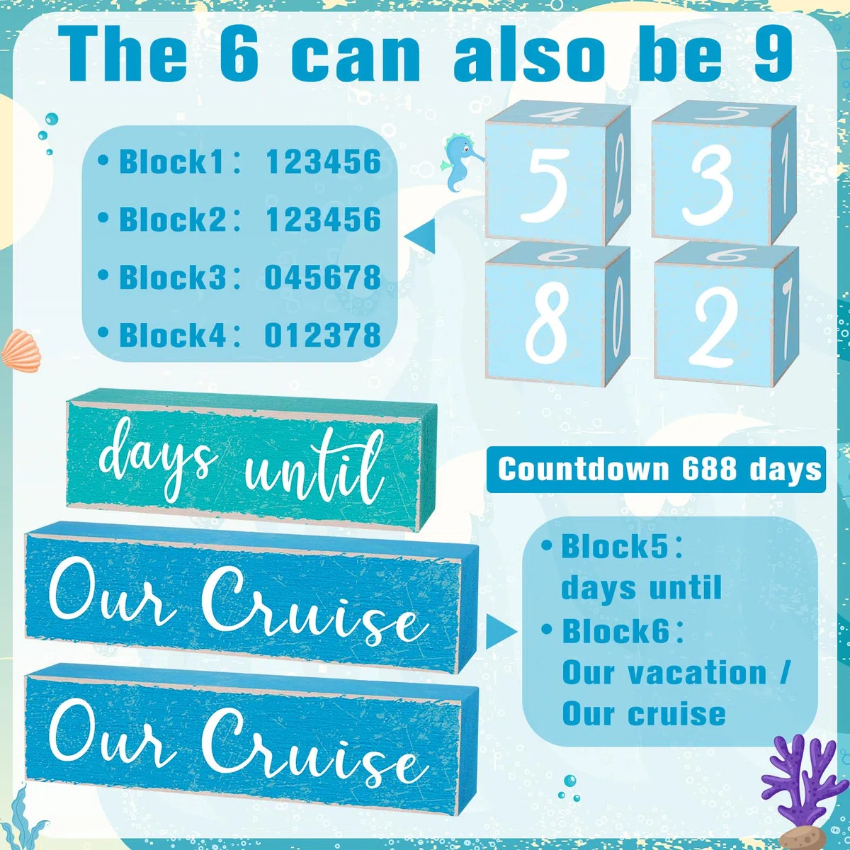 Lineshading 5 bloques de calendario de cuenta regresiva de madera de 65 días, calendario reversible de cuenta regresiva, bloques de calendario oceánico para decoración de aniversario, fiesta de