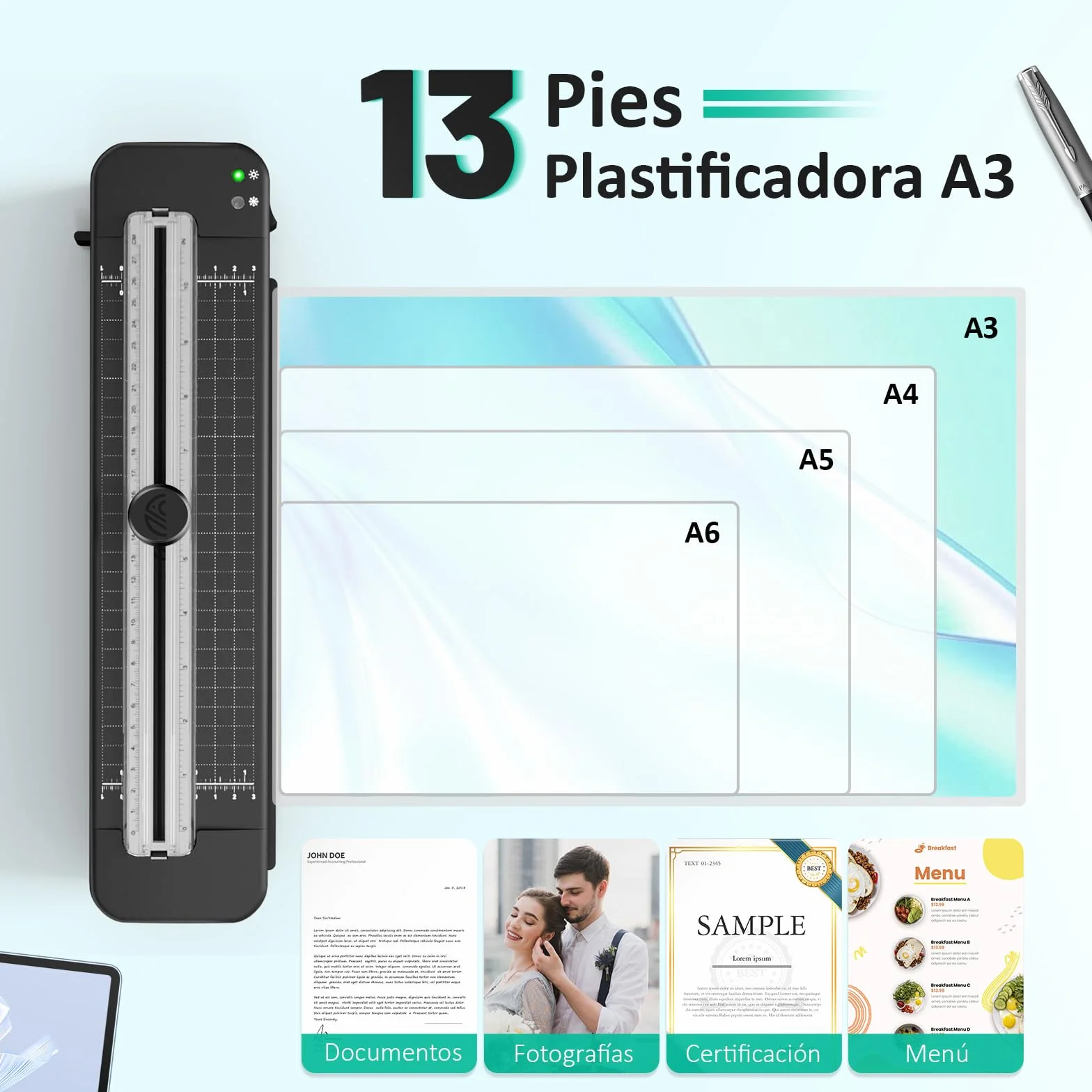 Plastificadora A3 5 en 1 Máquina Laminadora en Frío y Caliente con Cortador de Papel y Relleno de Esquinas