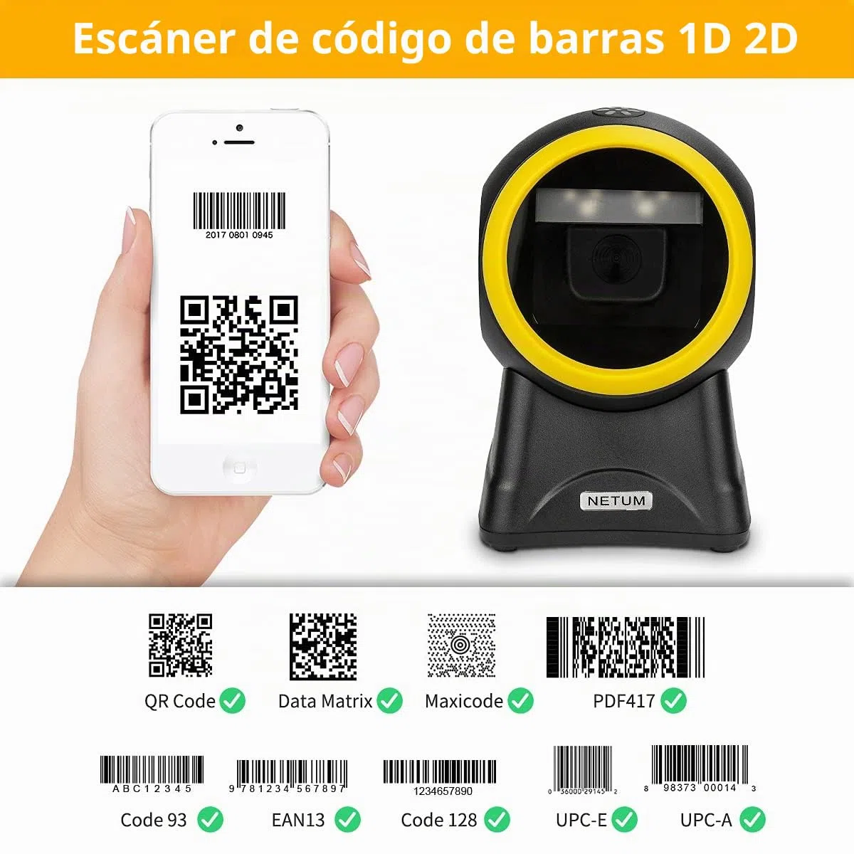 NetumScan Escáner de Código de Barras Omnidireccional USB Manos Libres 2D para Pago Móvil Pantalla de Computadora Soporte de Escaneo QR, PDF417, Código Securpharm (Matriz de Datos) NS2055L