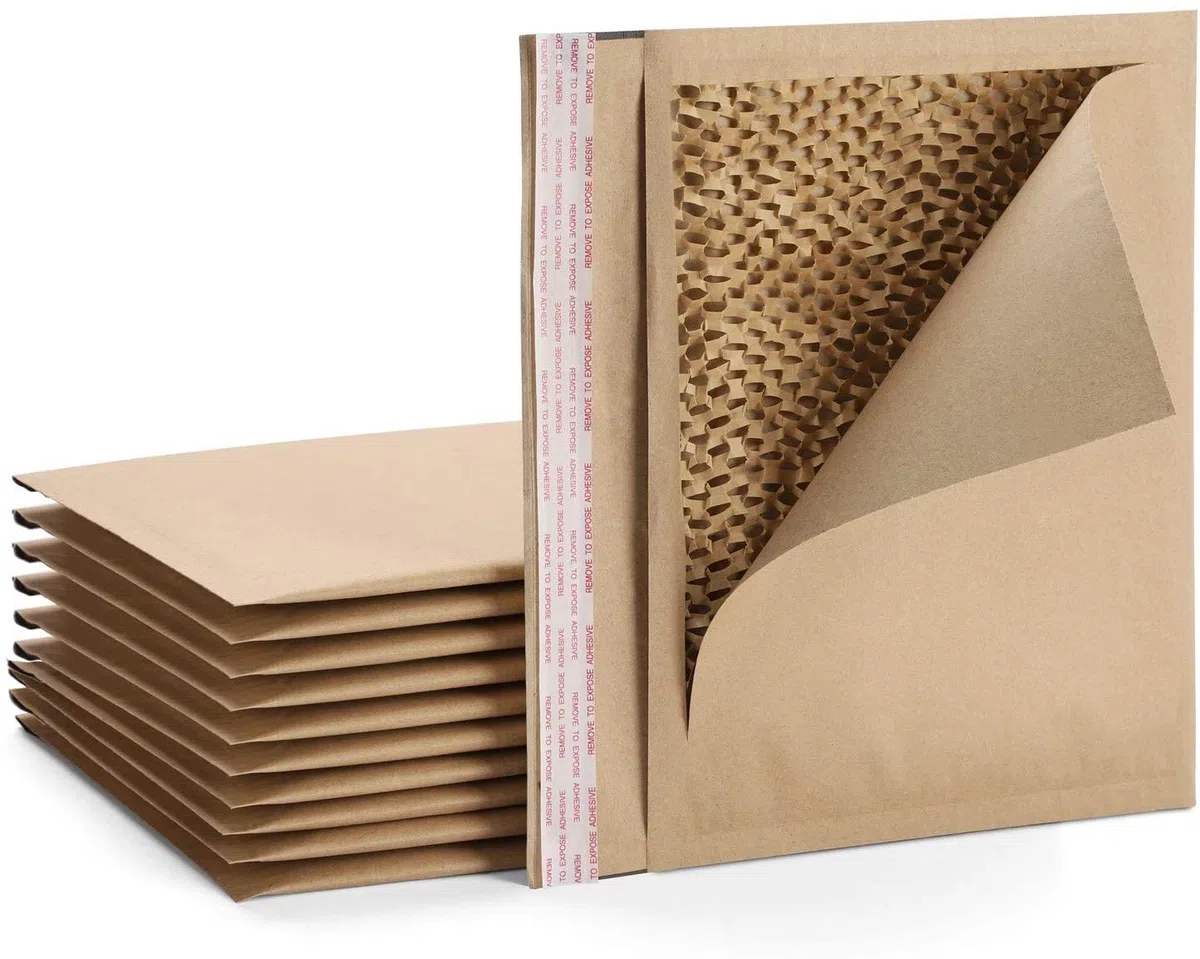 Sobres acolchados ecológicos de 340 x 240 mm (relleno de papel con patrón de panal de abeja), 100 % fibras de papel kraft biodegradables recicladas, acolchados, paquete de 100 unidades