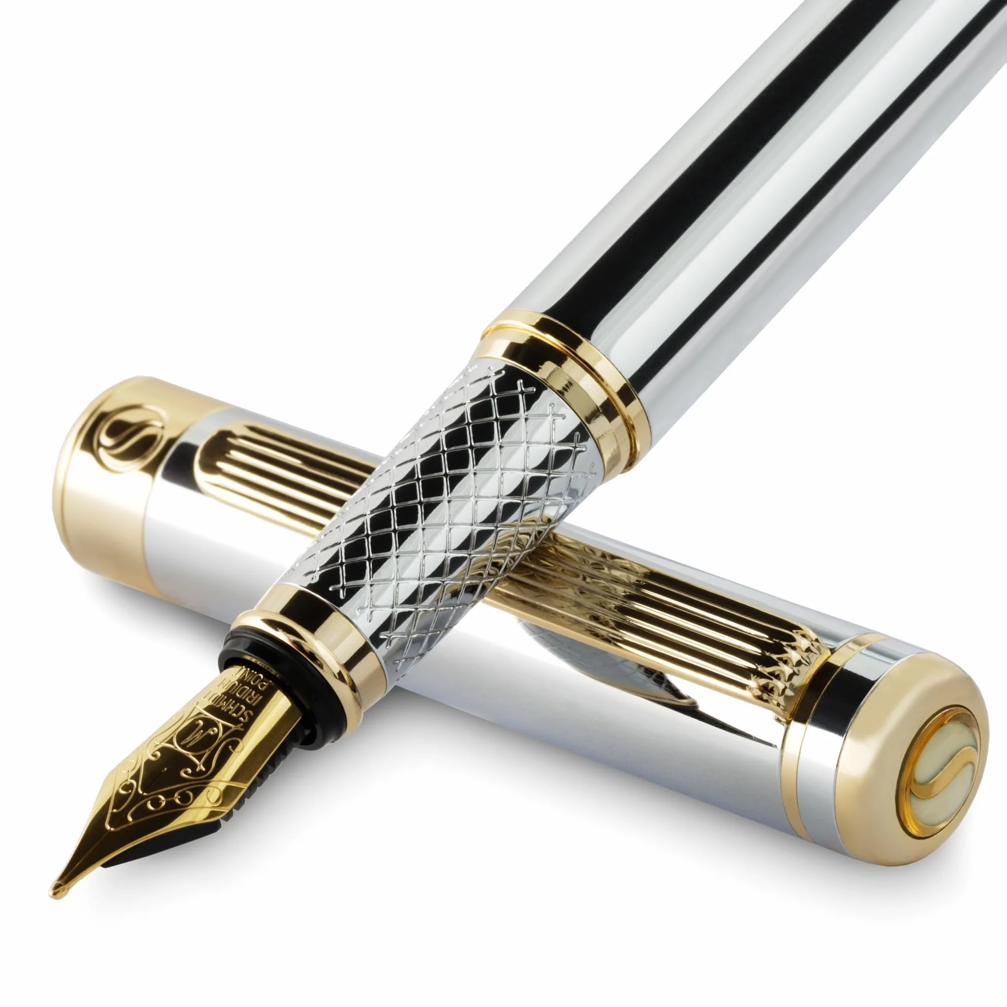 Scriveiner Pluma Estilográfica Plateada con Detalles de Chapado en oro auténtico, Plumilla y Convertidor Instalado Schmidt, Incluye Dos Cartuchos de Tinta, Azul y Negro