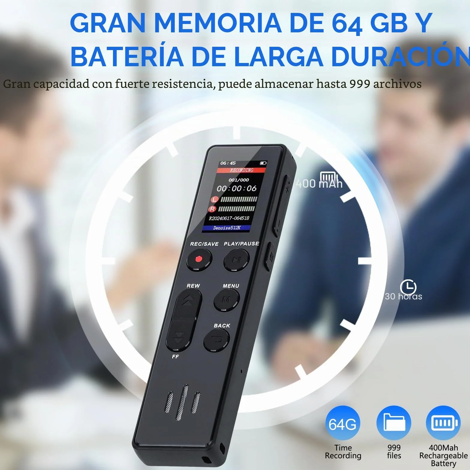 Grabadora de Voz COVVY 64 GB Activada por Voz Portátil con Reproducción Mini Dispositivo de Grabación para Entrevista Clase Reunión