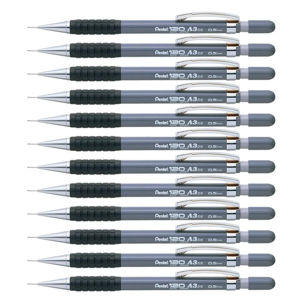 Pentel Hi-Graph Paquete de 12 lápices mecánicos 0.5 mm con Fixed Barrel 4 mm Gris Cuerpo