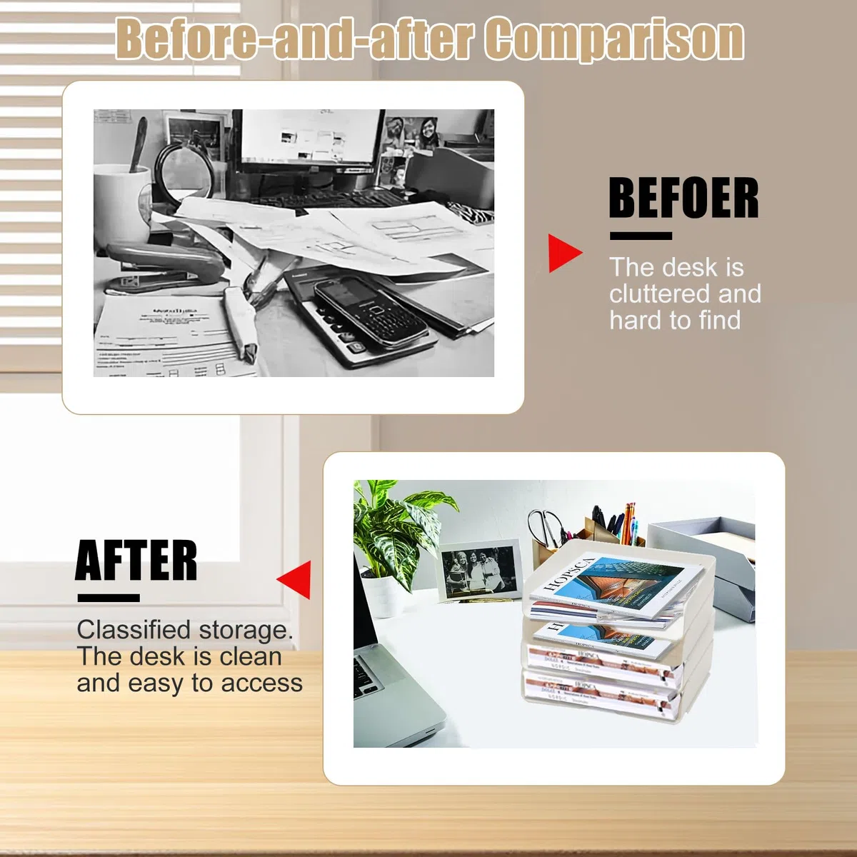 Organizador de escritorio y almacenamiento, organizador de bandeja de papel de 4 niveles, apilable, organizador de escritorio blanco y almacenamiento con 4 carpetas de archivos para documentos, papel,