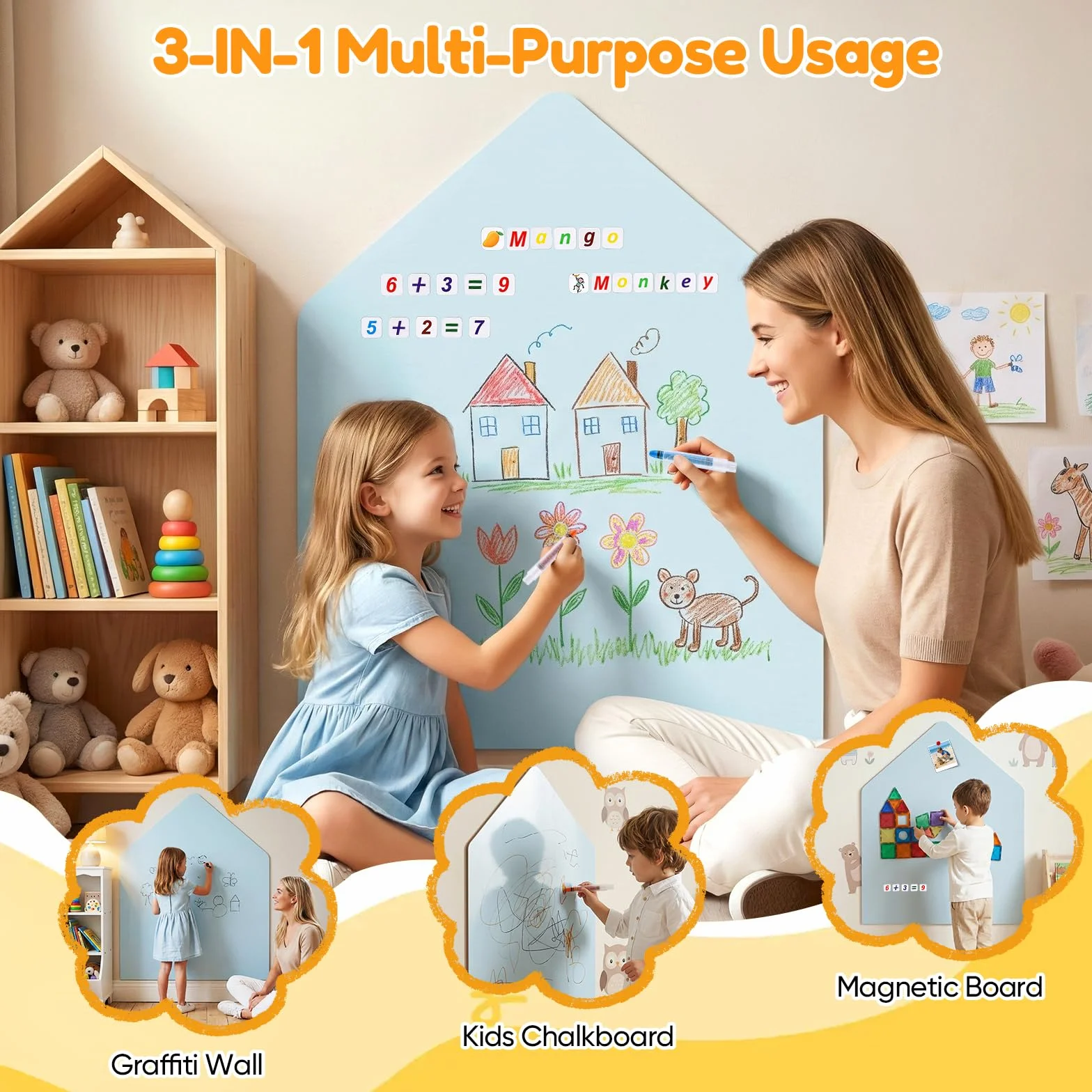 Pizarra magnética infantil autoadhesiva, pizarra de pared en forma de arco con colores pastel y tizas, pared magnética para niñas y niños (azul + letras)