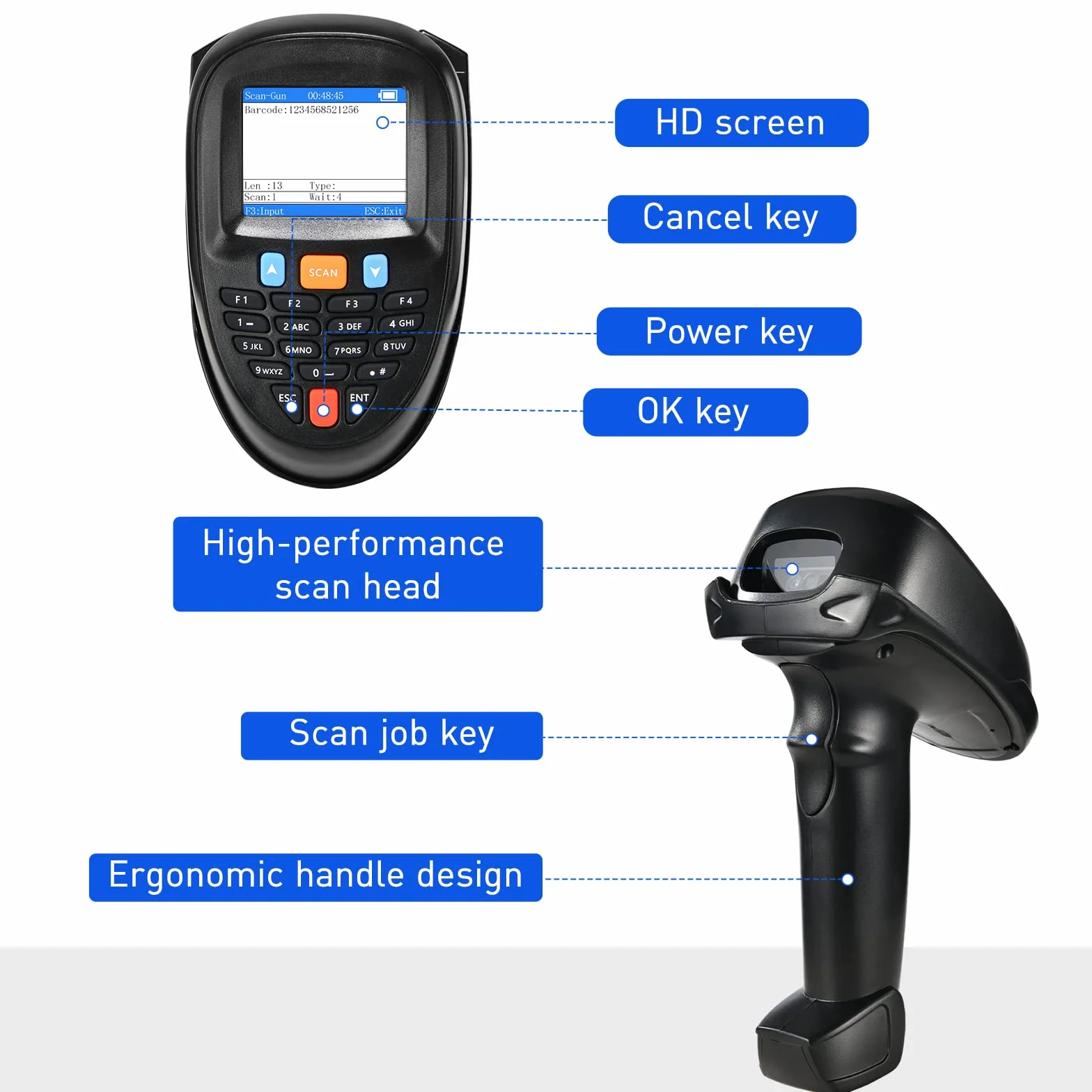 Escáner de códigos de barras inalámbrico, lector de códigos de barras portátil, 1D, 2D, PDF, escáner de inventario, colector de datos, escáner de códigos de barras portátil con pantalla LCD de