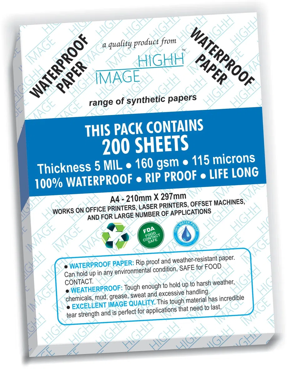 Papel impermeable | 200 hojas, A4, 160 GSM, 5 MIL, papel sintético, de HIGHH Image para impresoras láser. No apto para impresoras de inyección de tinta.