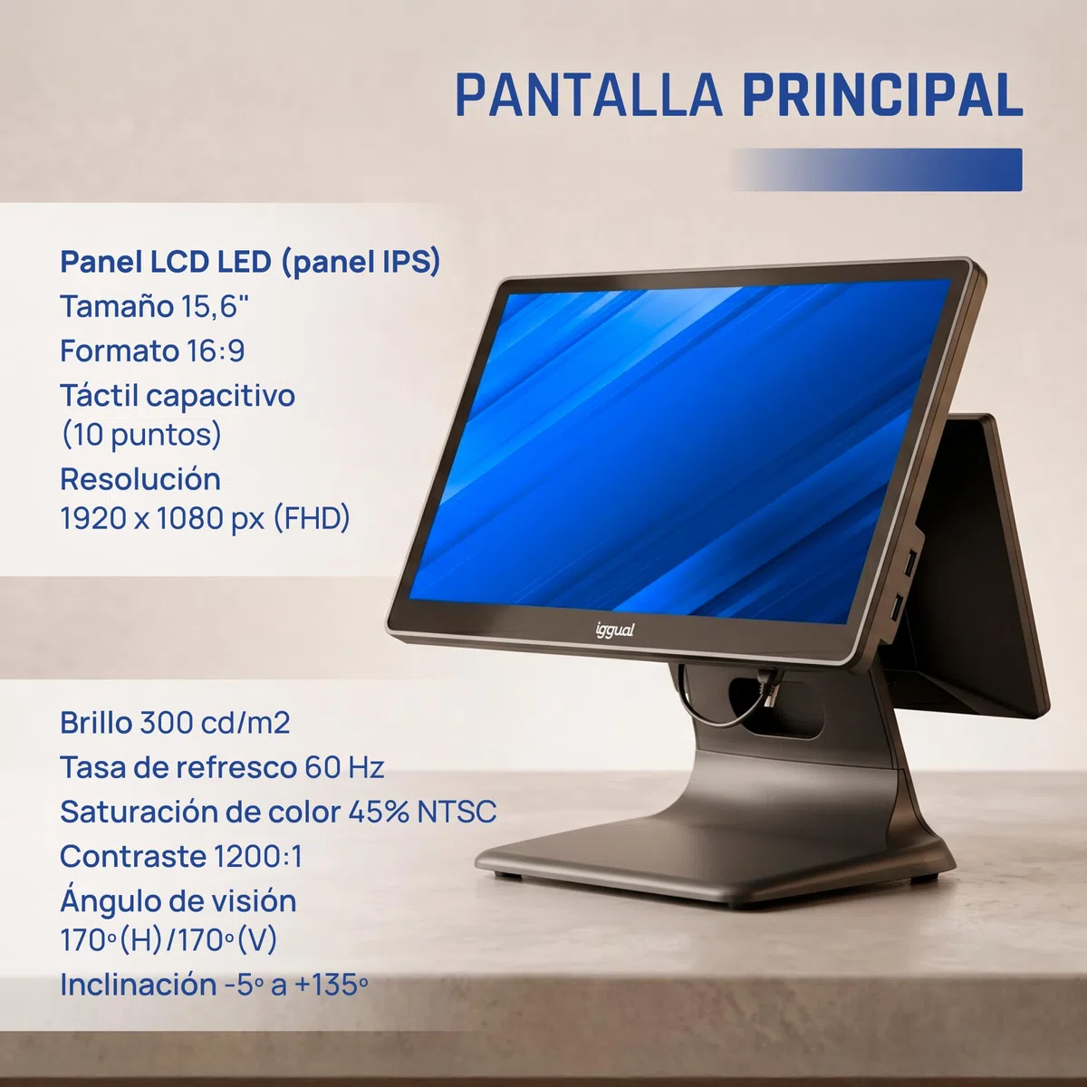 iggual TPV Dual Táctil 15,6”/11,6" Sistema Caja Registradora Completo con Doble Pantalla Windows 11 Pro WiFi 5 Ethernet Bluetooth 5.1 Procesador Intel N100 3,4 GHz Apto Verifactu
