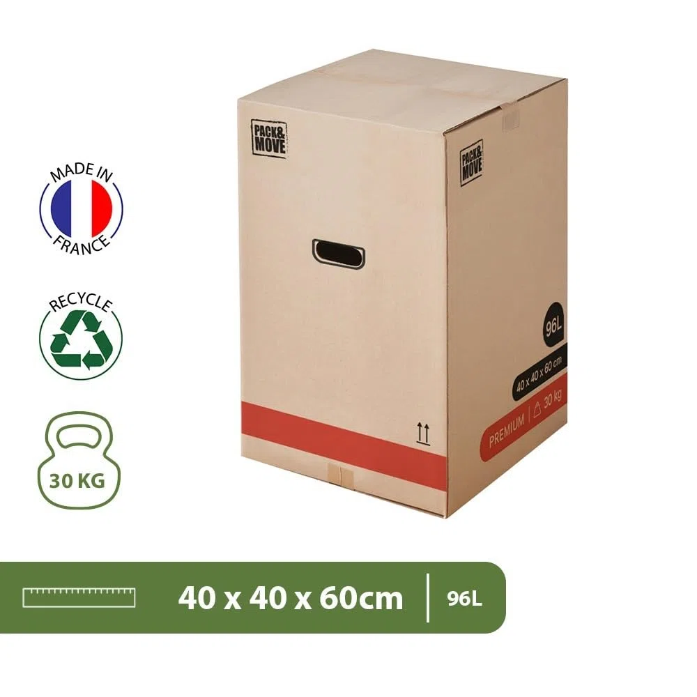 Pack And Move – Lote de 40 cajas de mudanza premium – 40 x 40 x 60 cm – Extrema resistencia 25 kg – Reutilizables – Doble grosor – Asas reforzadas – 2 adhesivos disponibles