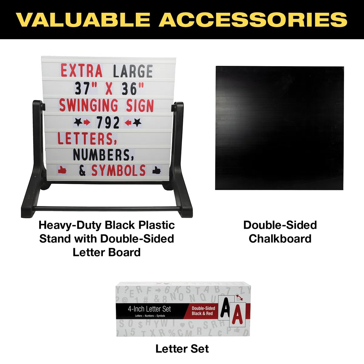 Señal de acera con mensaje cambiable Swing, 37" x 36" con 792 letras precortadas de doble cara y caja de almacenamiento. Incluye tablero negro y 4 pizarras líquidas y cartulina