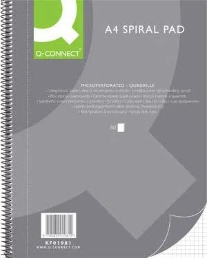 Q-Connect Cuaderno espiral A4, cuadriculado, 80 hojas, 160 páginas, cuaderno en espiral, bloc de notas con espiral, bloc de notas escolares, bloc de notas