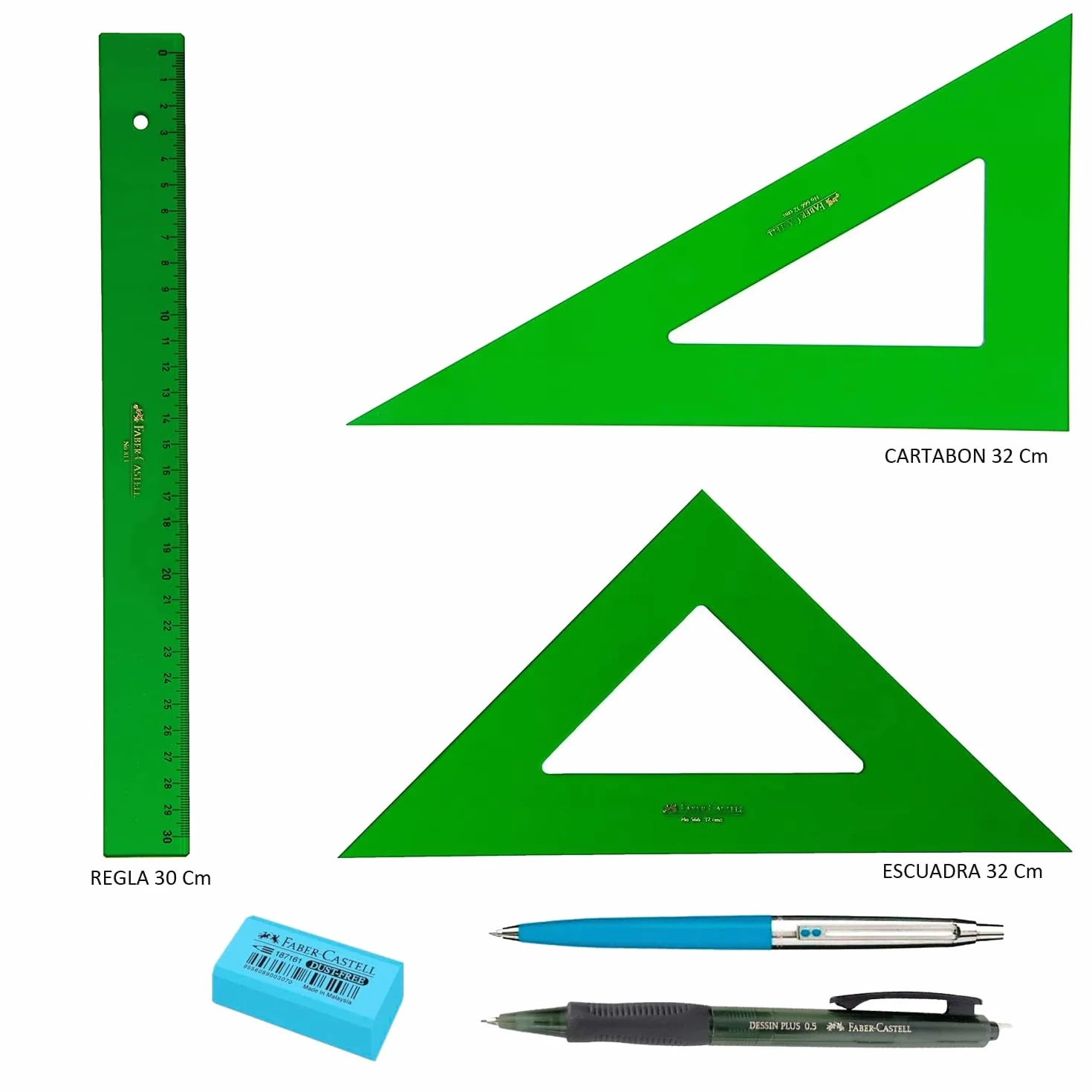 PACK LOTE Faber Castell Técnico - Regla 813-30 Cms + Escuadra 566-32 Cms + Cartabón 666-32 Cms + REGALO