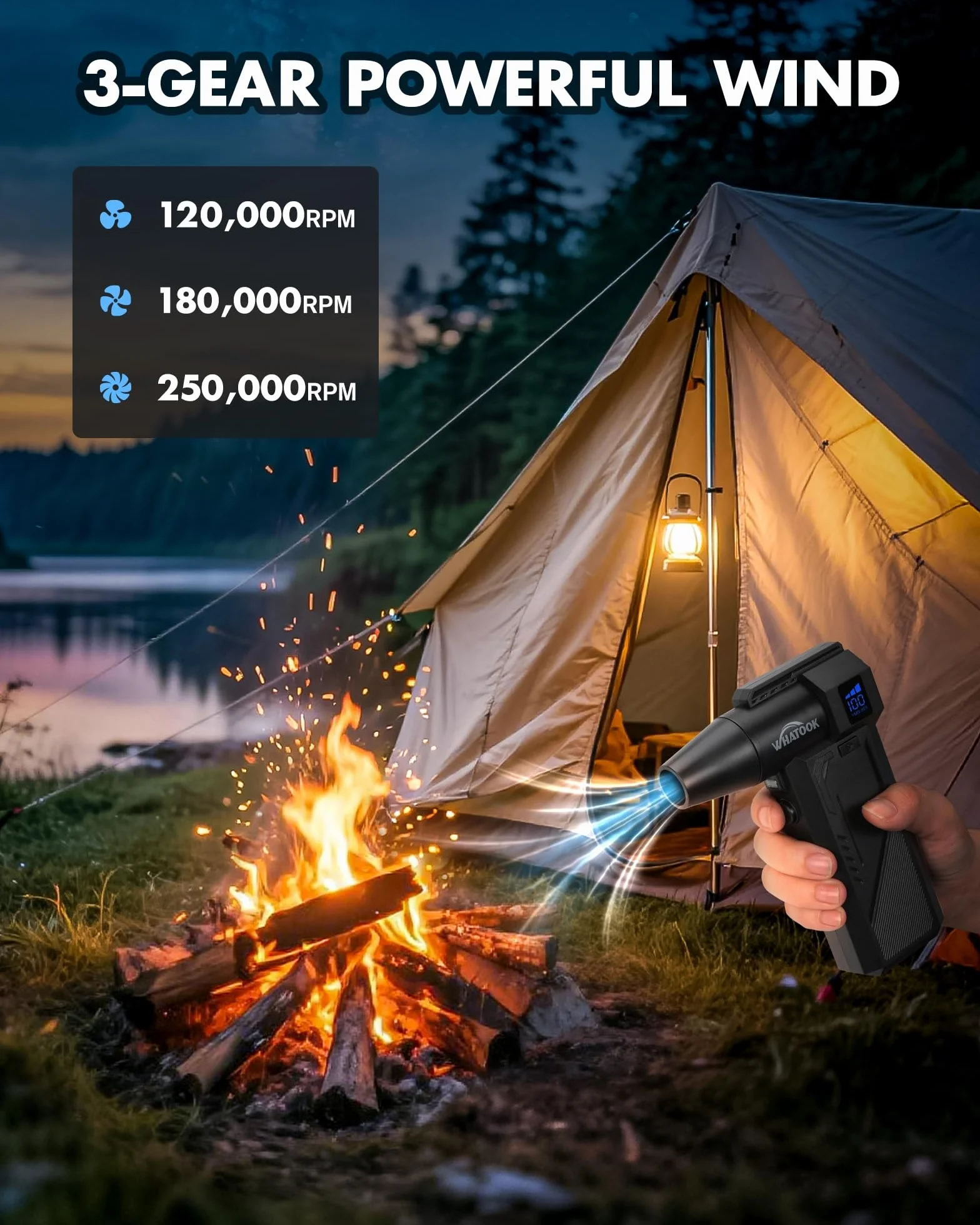 WHATOOK Soplador de Polvo Eléctrico：Plumero de Aire Comprimido 250000RPM 3 Velocidades，Con pantalla LED, Soplador Aire Comprimido para Ordenador, Coche, Oficina,Sofá (828 Air Duster)