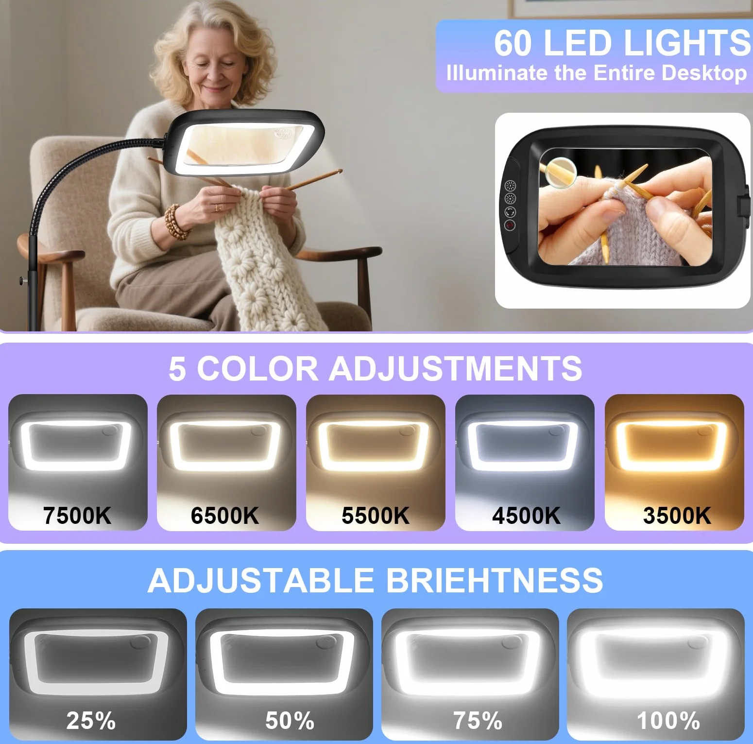 NZQXJXZ Lámpara de pie con Lupa con luz, 2 en 1 Lupa con Luz y Soporte con 60 LED de Brillo Ajustable, Lámpara de Aumento de Cuello de Cisne Flexible para Trabajos de Cerca, Manualidades, Lectura