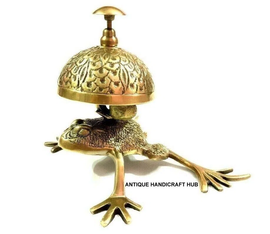 Campana de latón adornada con diseño de rana vintage para mostrador de hotel, recepción