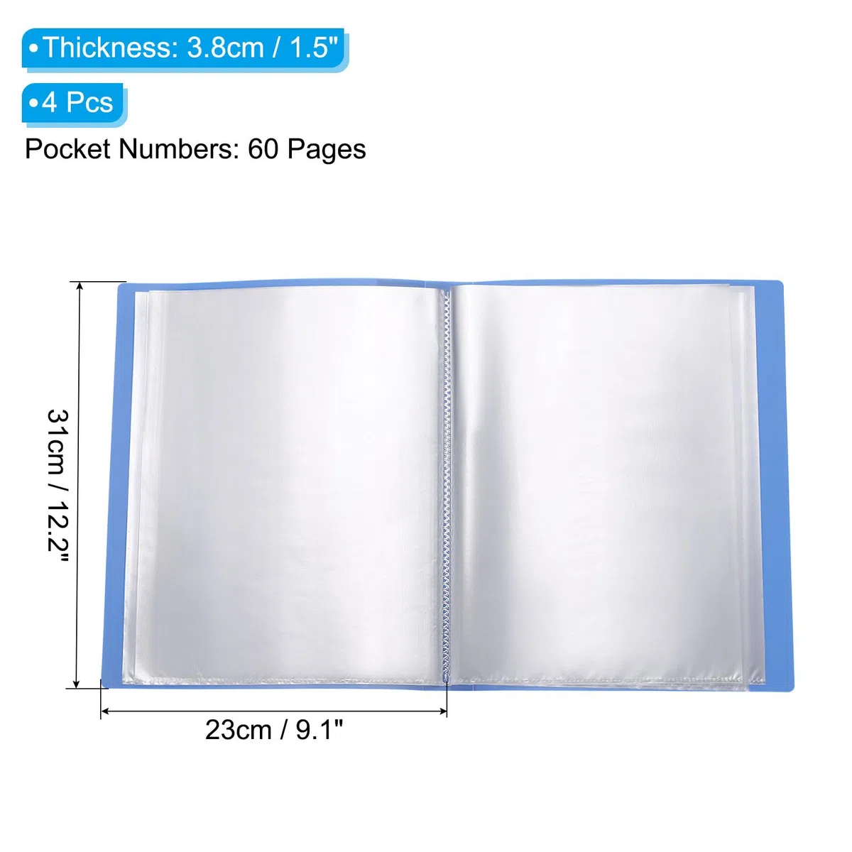 PATIKIL Carpeta de Archivador de 11.6 x 8.3 Pulgada, 4 Unidad, 60 Página, Libro de Presentación con Fundas de Plástico Transparente para Documentos y Obras de Arte, Azul Claro