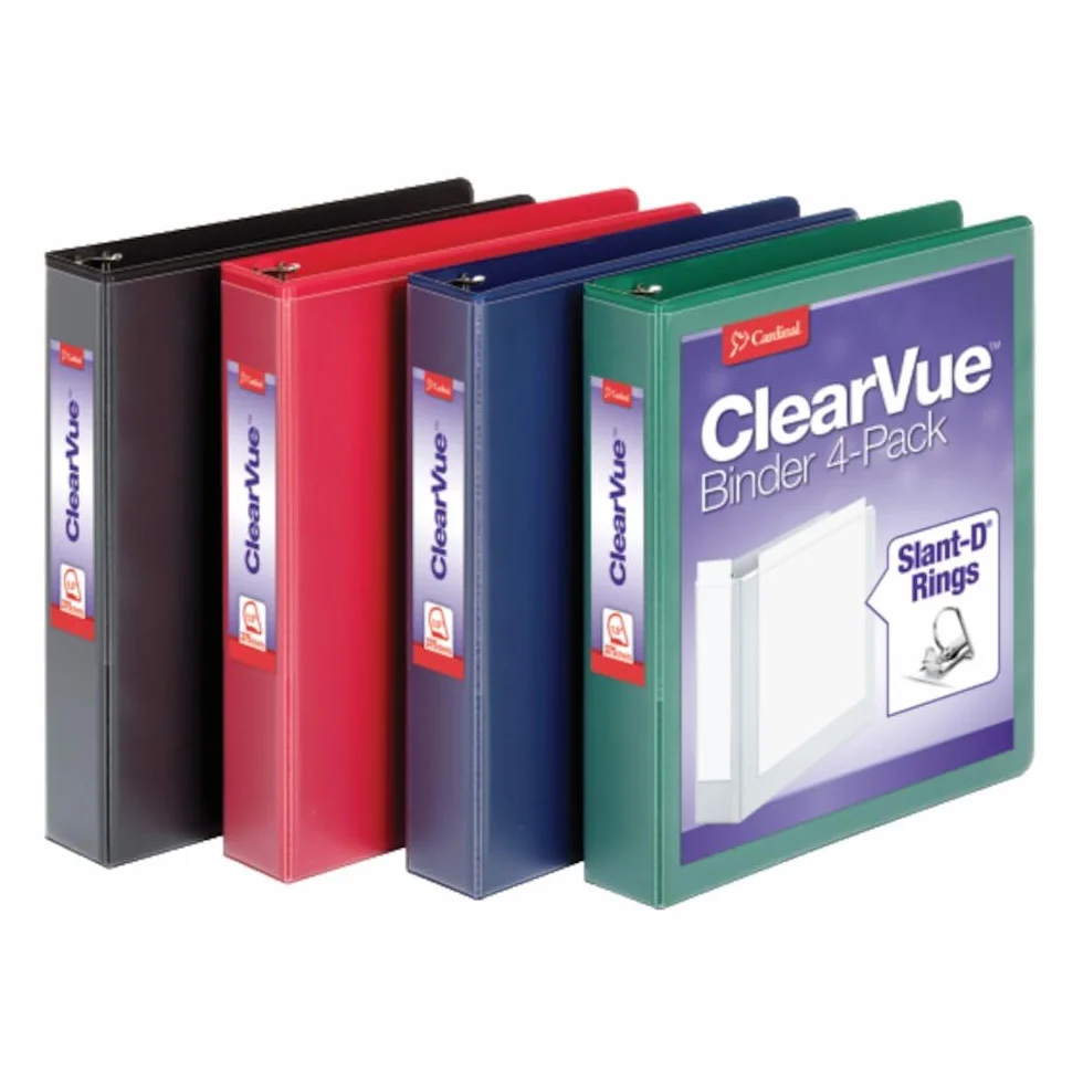 Cardinal 1.5" D-Ring View Binders, 4 per Pack, 1 Each Black, Blue, Green & Red (29300)