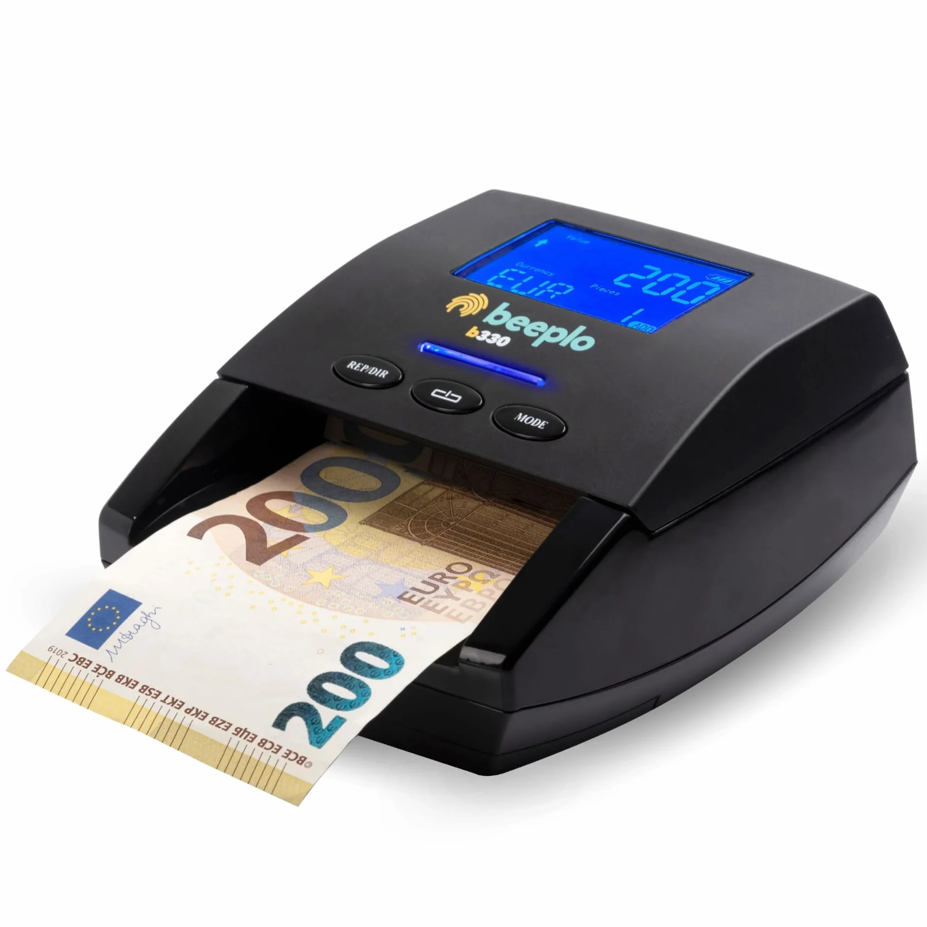 b330 | Detector de Billetes Falsos EUR | 100% Fiabilidad | Verificación Precisa Automática de 5 Divisas: EUR, GBP, CHF, NOK, SEK | Sin Batería