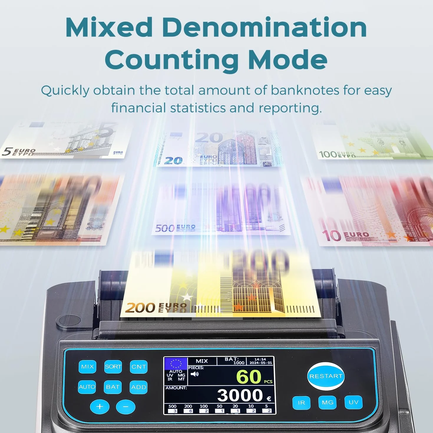 Bonvoisin Máquina Contadora de Dinero, Euro UV/MG/IR/MT/DD Detección de Falsificaciones, Clasificación por Denominación y Recuento de Valor Mixto, Modos Añadir y Lote, 1000 Billetes/Min (EU)
