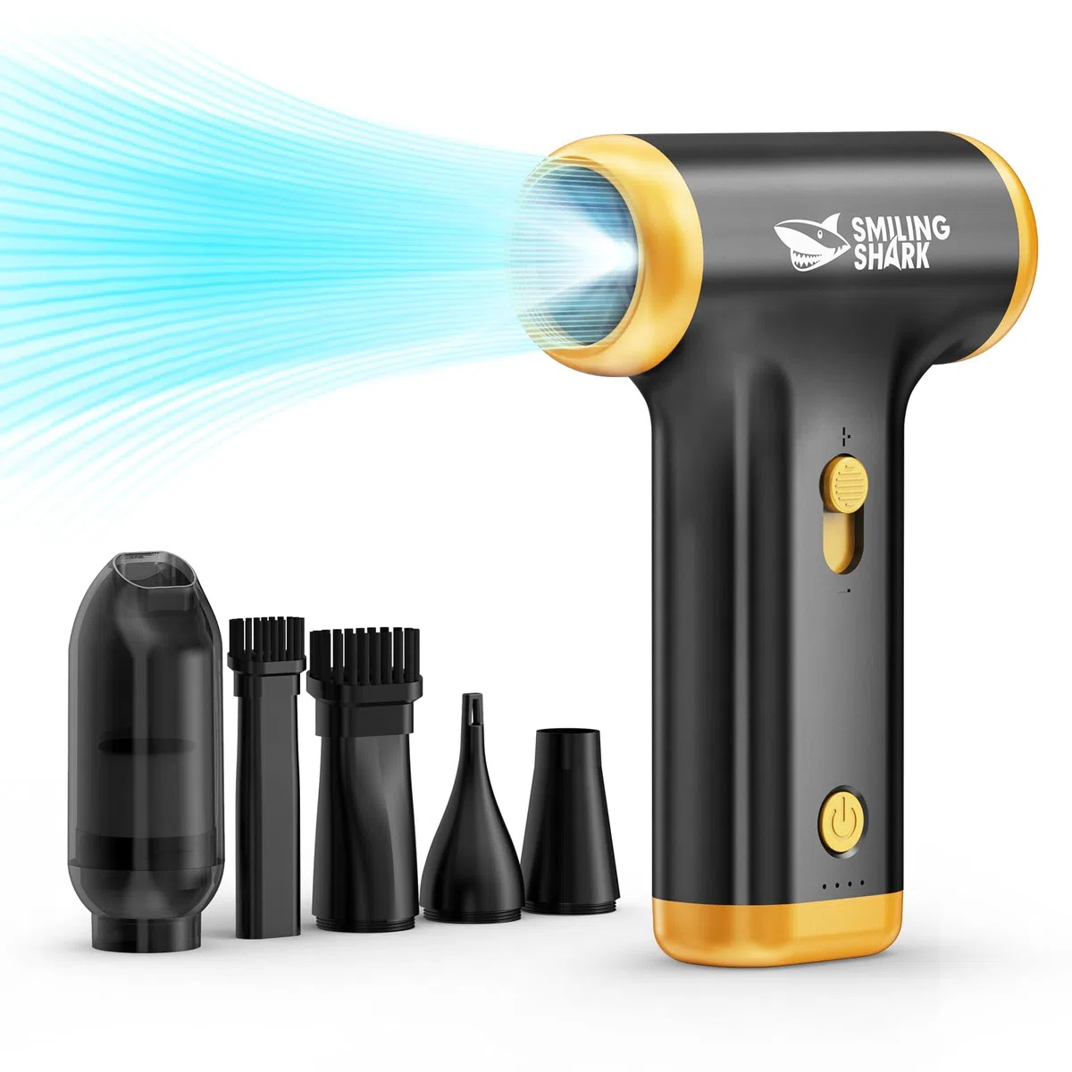 Smiling Shark Soplador de Polvo Eléctrico, JF-01 PRO Motor Sin Escobillas Velocidad Sin Escala 130000RPM con Luz LED Plumero de Aire Comprimido, Mini Turbo Ventilador para Limpieza PC/Cooling/Coche
